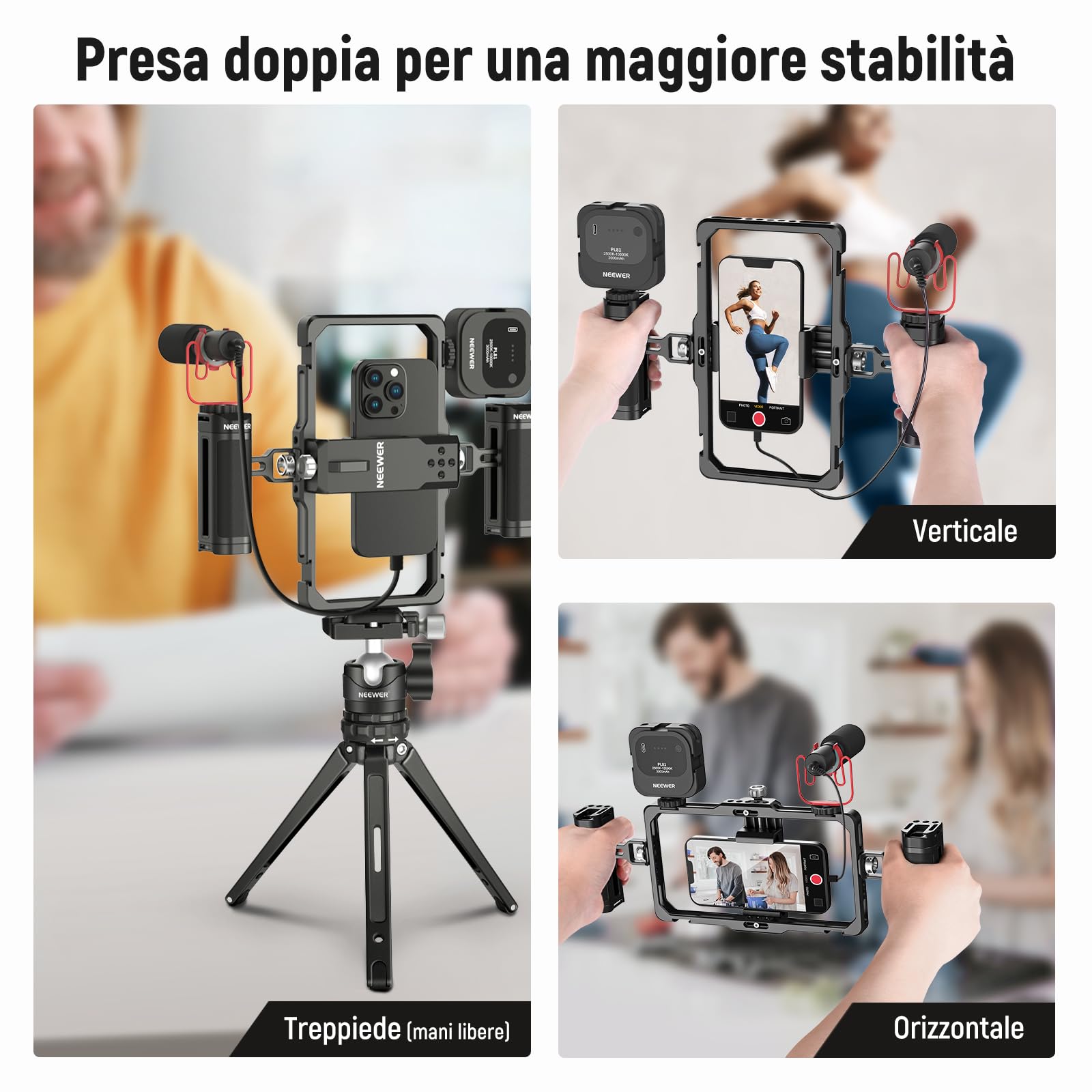 NEEWER Kit Phone Rig per Vlog Aggiornato, Stabilizzatore Video Cage con 2 Maniglie Slot per Mic Wireless Panno Pulizia per Video TikTok YouTube, Compatibile con iPhone Samsung Android SmallRig, PA009
