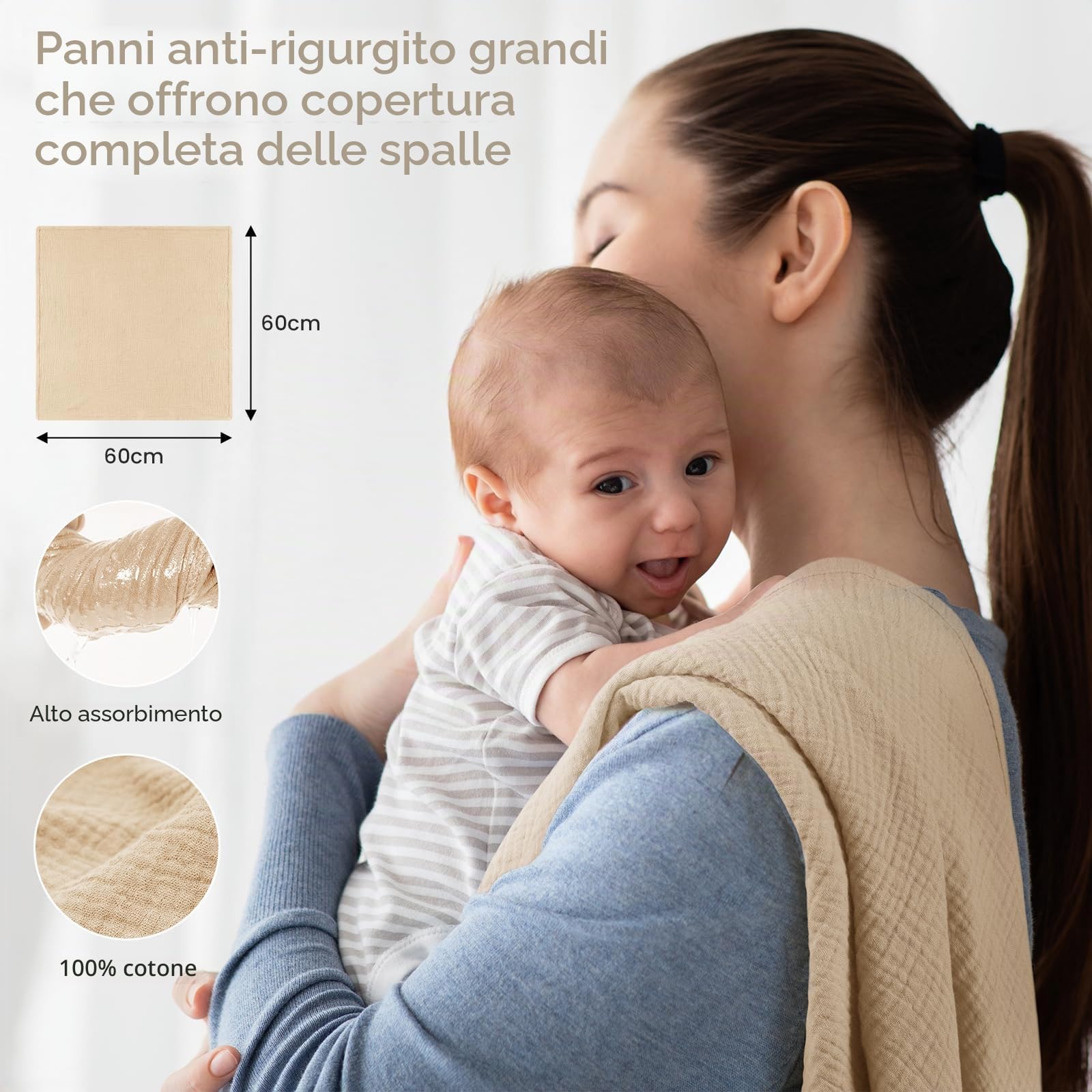 Panni di garza per neonati, 100% cotone, 60 x 60 cm, assorbenti e traspiranti, in mussola, set da 5 pezzi, per neonati, ragazzi e ragazze, orso marrone