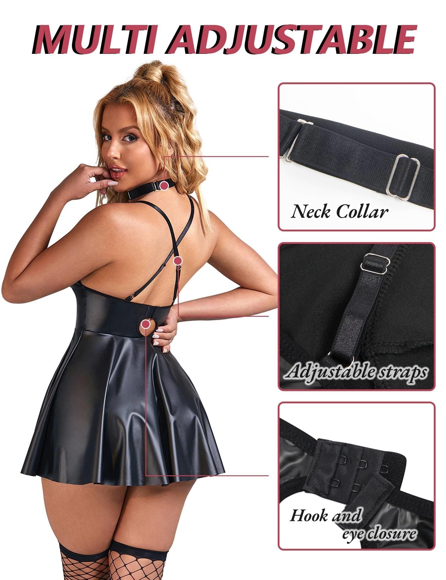 comeondear Robe Sexy Femme Érotique Grande Taille Simili Cuir Tenue Moulante Mini Robe Courte Clubwear Ensemble de Lingerie Dos Nu Col V avec Anneau de Cou