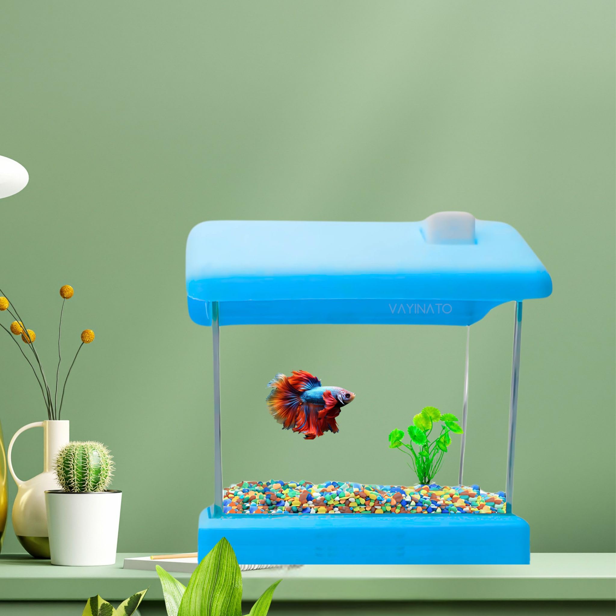 VAYINATO® Transparent Acyrlic Betta Fish Tank with Mini Plastic Plants - Random Color (Home Model) Easy to Clean and Maintain | Mini Portable Betta Fish Tank (Maximum 500ML Capacity)-image-31