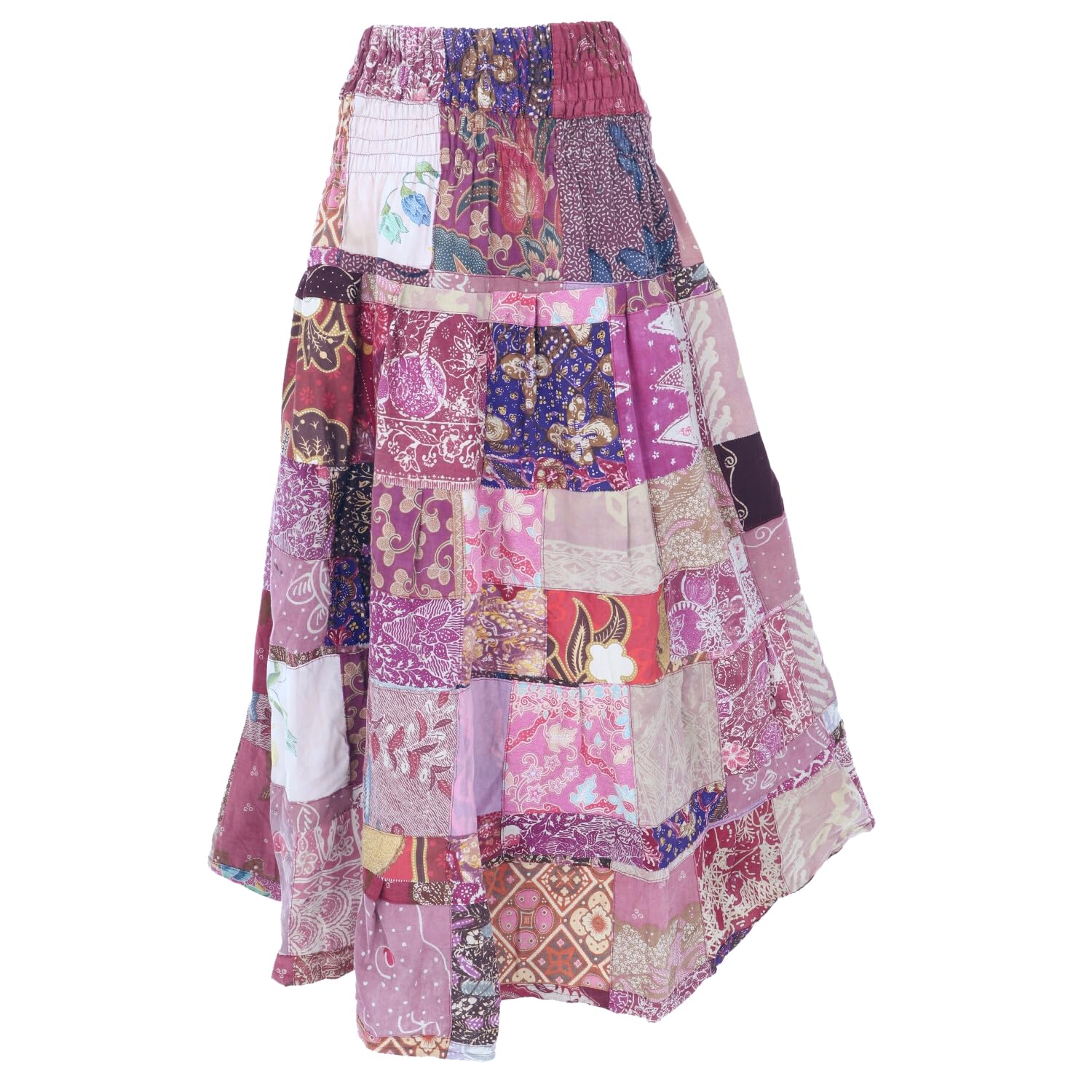 Weit schwingender upcycling Patchwork Maxirock, Boho Baumwolle, grün | Luftiger, bequemer Maxi-Rock, breiter elastischer Bund, 100% Baumwolle, einzigartiges Design, ideal für Sommer-Outfits.
