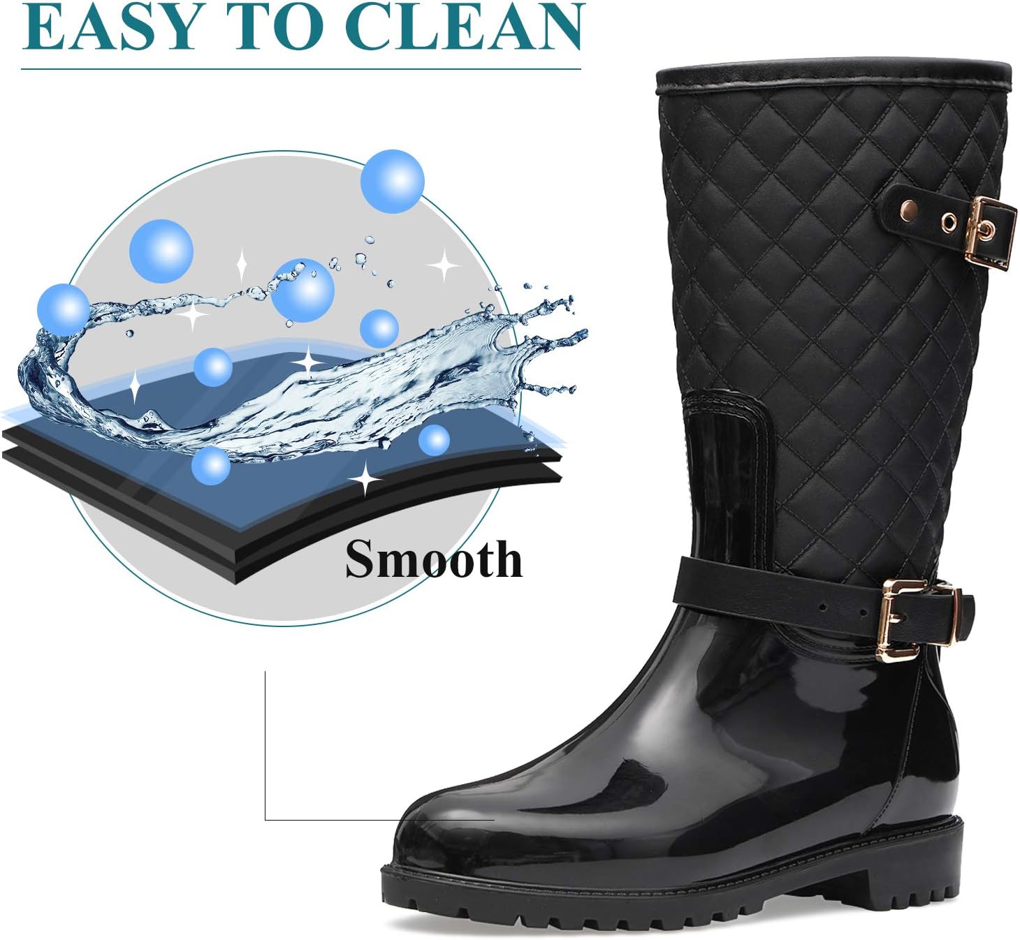 gracosy Women's Rain Boots Waterproof Mid Calf Garden Boots with Buckle Design Anti-Slip Rubber Sole Lightweight Fashion Outdoor Garden Shoes Black