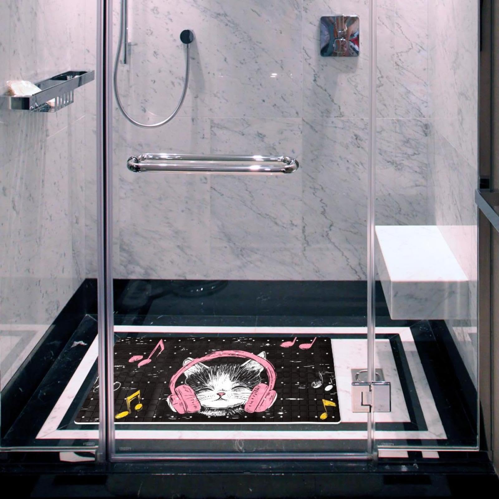 Badematte für die Badewanne, Motiv: niedliche Katzen, Kätzchen, die Musik hören, mit Kopfhörern, rutschfest, rechteckig, Duschmatte mit Saugnäpfen, maschinenwaschbar, 39,9 x 70,9 cm