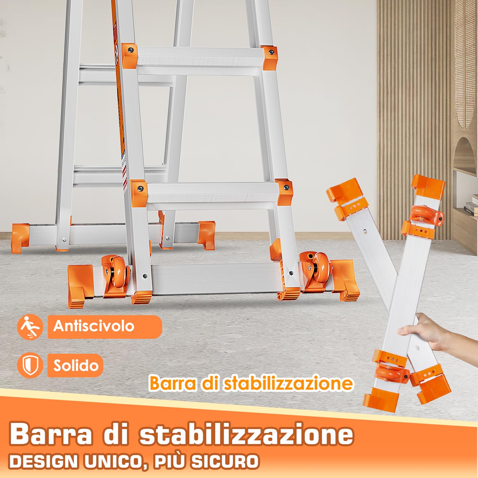Scala Multiuso a 5 Livelli: Scala a 5 Livelli e Scala Allungabile da 17 Piedi (5,18 m) con Stabilizzatore e Ruote, Portata 150 kg, Sicuro per Scale, per Interni, Esterni e Tetto, in Lega di Alluminio