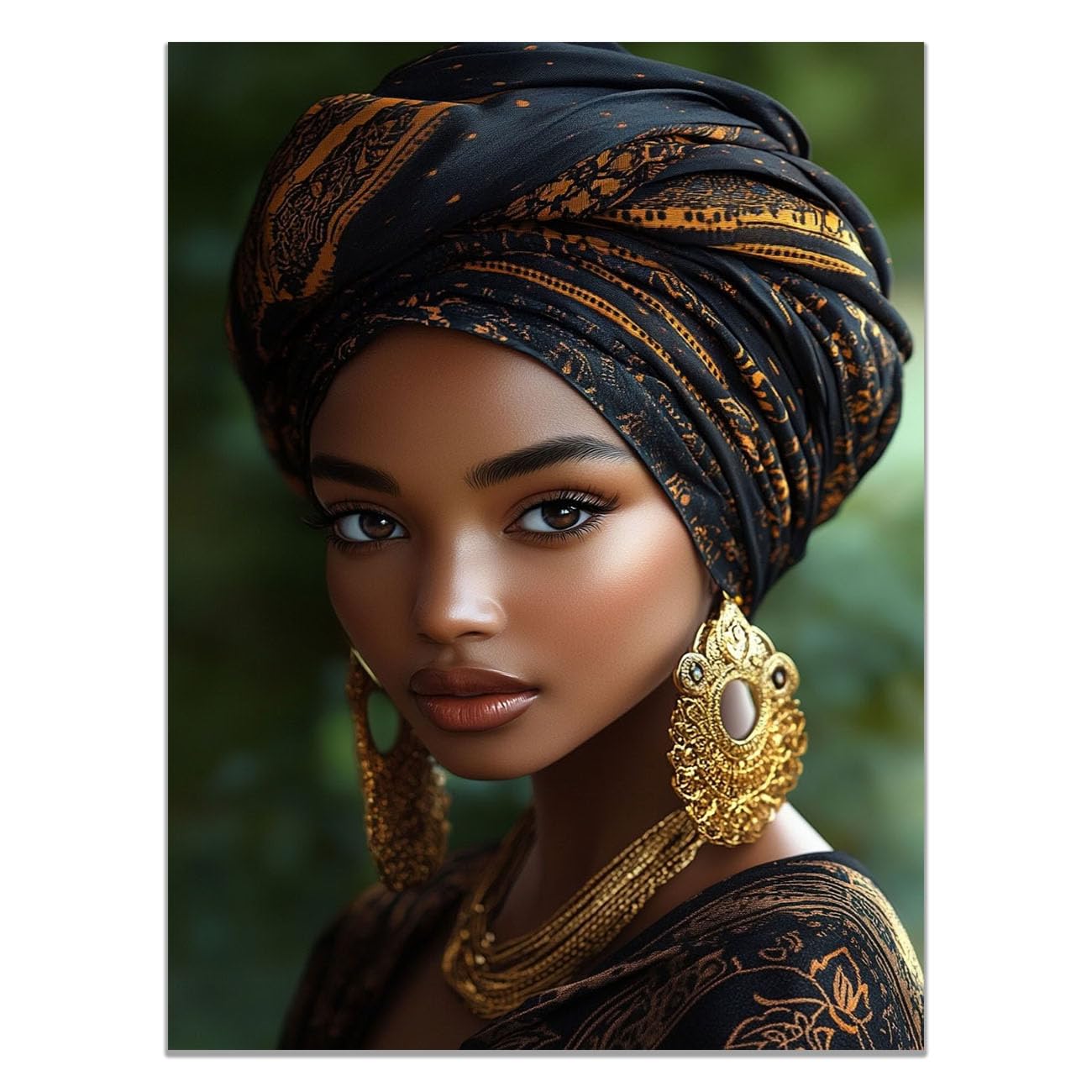 QUSAAOU Fashion Portrait Canvas Wall Art Woman Printed Headwrap Gold Jewelry Portrait For Living Room Bedroom African American Decor For Home Afro Woman Poster And Prints(black)-30x45cm1 Unframed