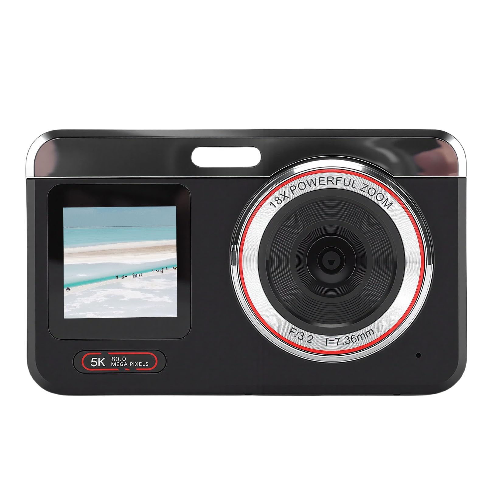 XUMIUZIY Fotocamera Digitale 5K con Doppio Schermo e Zoom 18X per (BLACK) | Sensore CMOS da 80 MP, Messa a Fuoco Automatica, Luce LED di Riempimento, Batteria da 1200 MAh, Doppio Schermo da 2,8 e 1,5