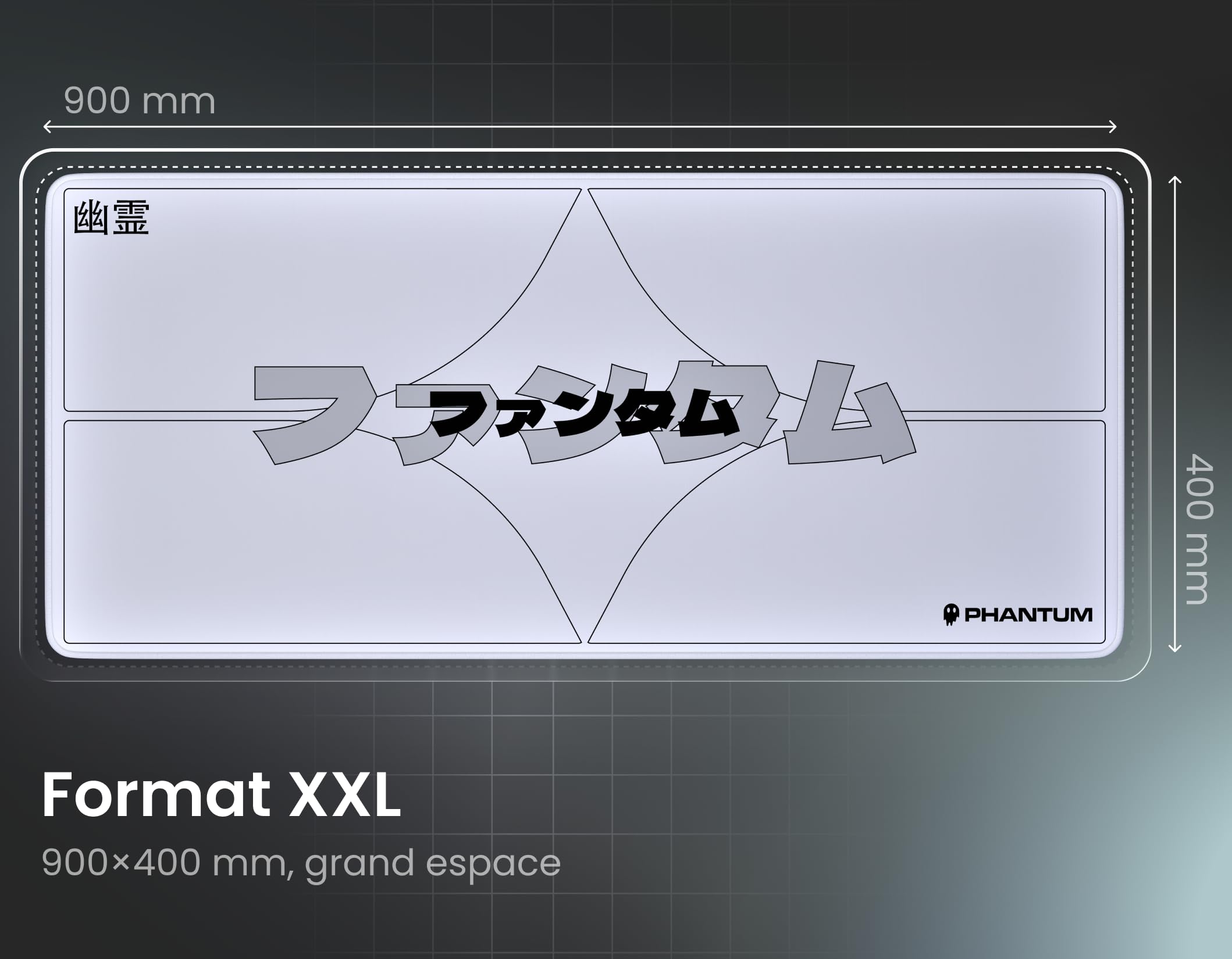 Phantum Kamon – Alfombrilla de ratón para juegos XXL 900 x 400 mm, superficie de microfibra hidrofóbica de alto rendimiento, base de goma antideslizante, suave velocidad y control preciso (luz)