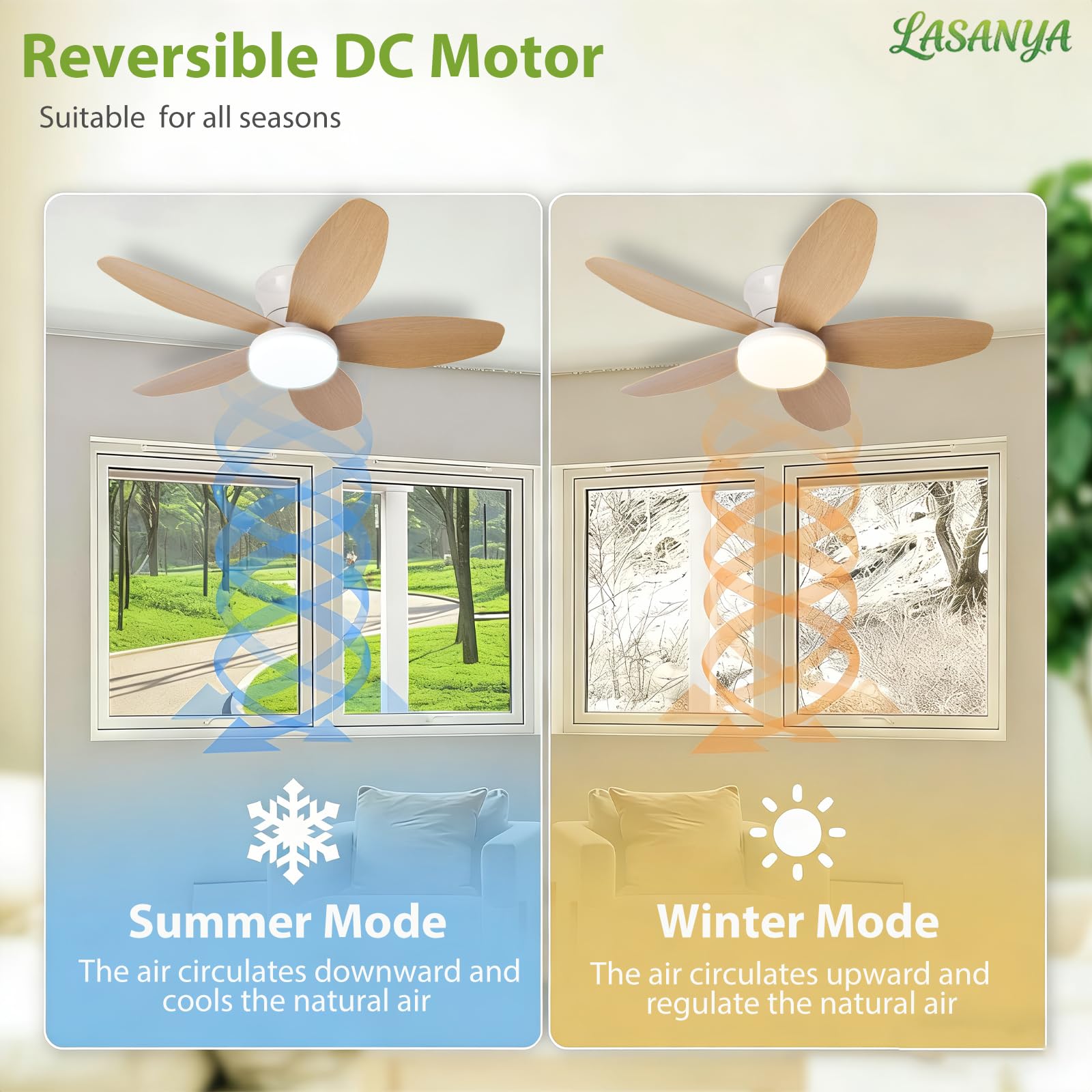 Ventilatore da Soffitto con Luce e Telecomando Soggiorno Lampadario Ventilatore da Soffitto a 5 Pale Dimmerabile Per Camera da Letto Reversibile, 6 Velocità, Motore DC-White-Wood||88CM