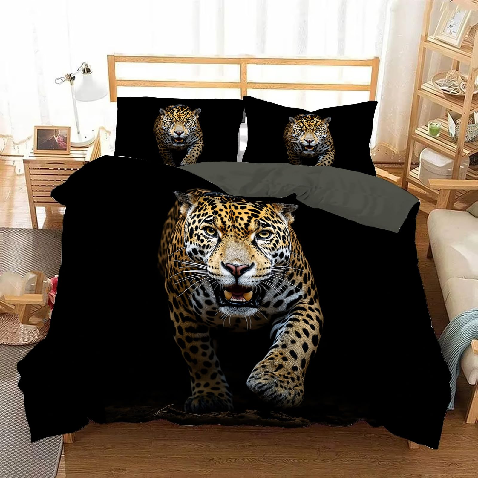 Housse de couette jaguar 260x240 cm au design 3D : parure de lit faune en microfibre premium
