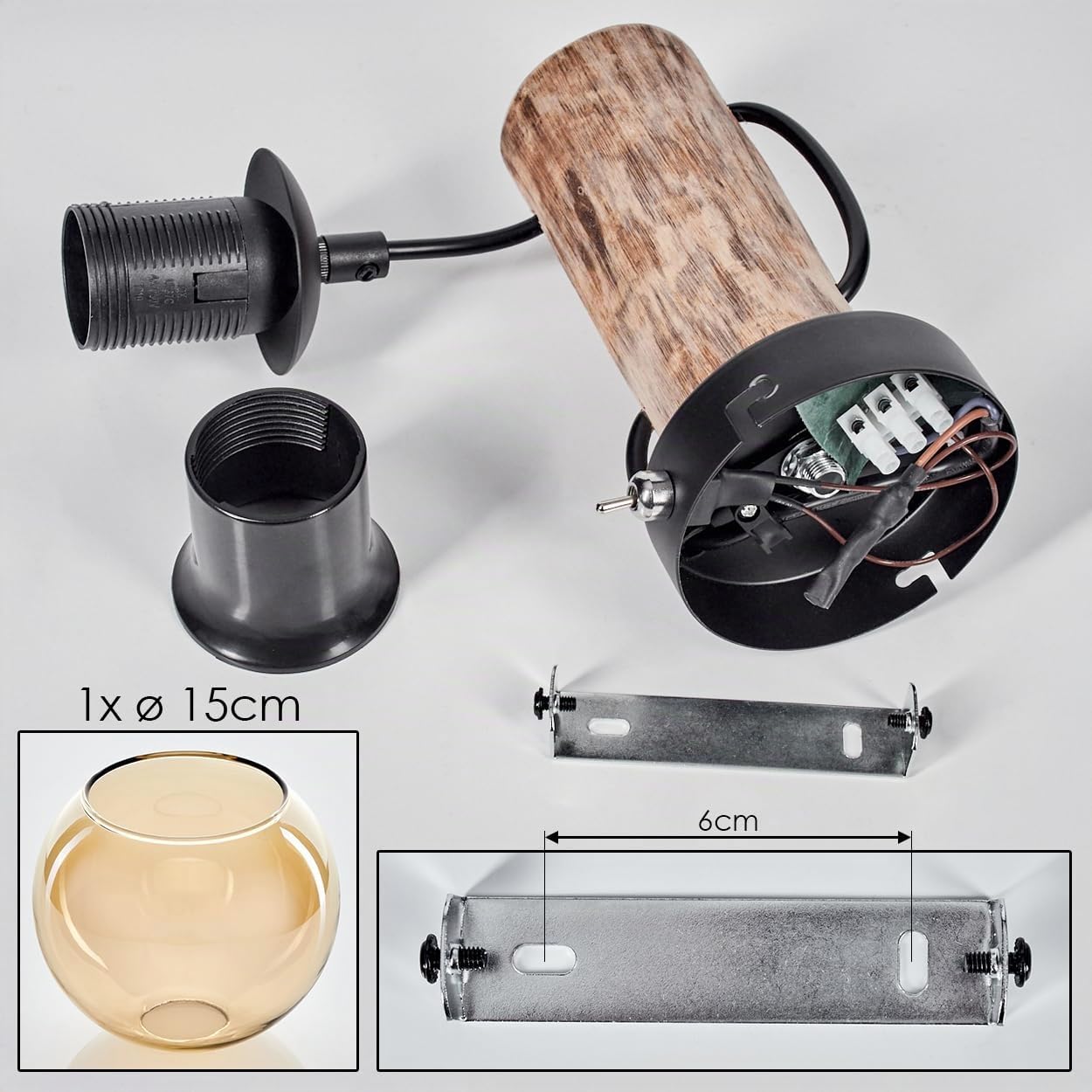 HOFSTEIN Wandleuchte Koyoto 2er Set, Wandlampe aus Metall/Holz/Glas in Schwarz/Natur/Bernstein, Leuchte im Retro/Vintage-Design (Ø 15 cm), Schalter am Gehäuse, E27, Wohnzimmer, Schlafzimmer, Flur