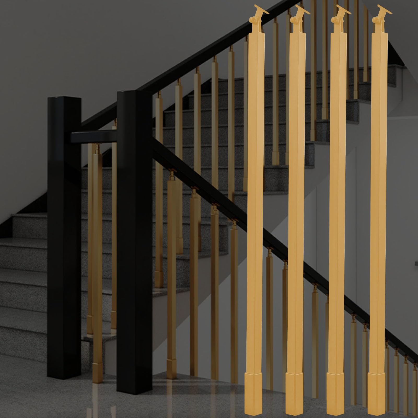 WLCGYD 30 36 42 48 51'' Metal Baluster Spindles, Interior Staircase Decks Banister Install Kit/Square Railing Post w/Bracket for Wooded Stairway Composite Steps(Gold 4 pcs,30in/76.2cm)