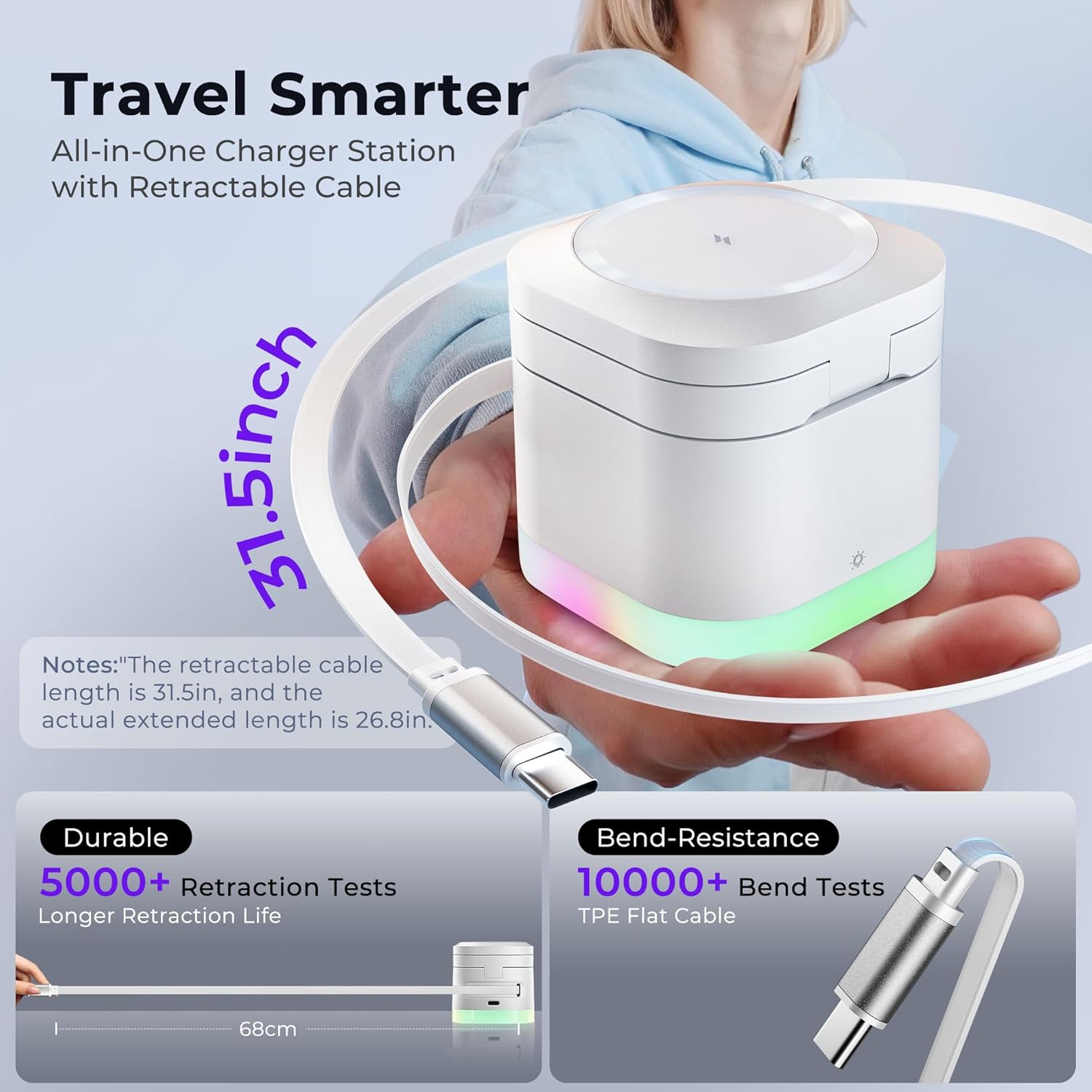 5 in 1 Magnetic Wireless Charger Stand with Night Light, Foldable Wireless Charging Station Built-in Retractable Cable, Travel Wireless Charger White 25W