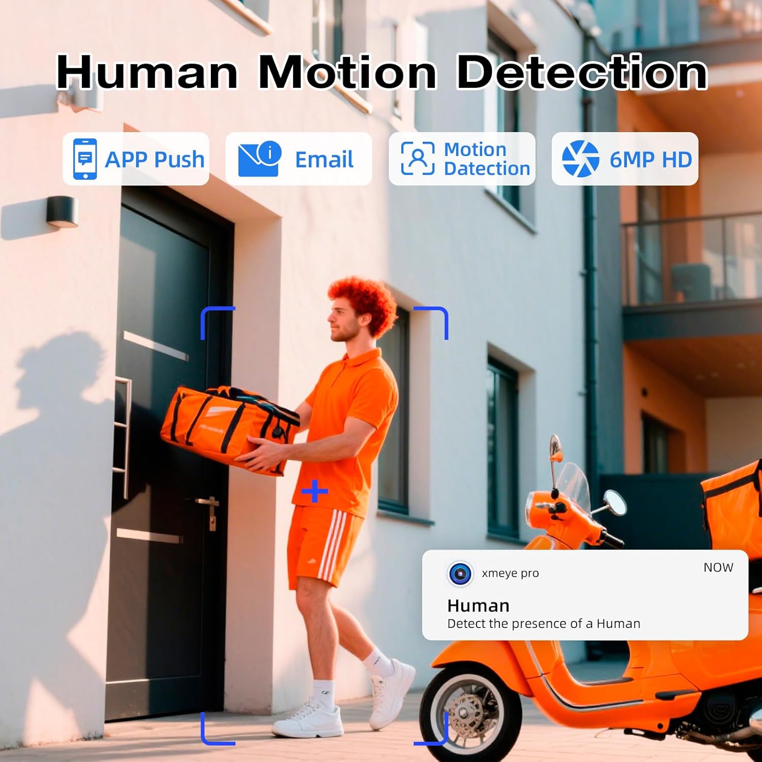 Image showing a delivery person being detected by the camera with an 'xmeye pro' app notification indicating 'Human detected'.