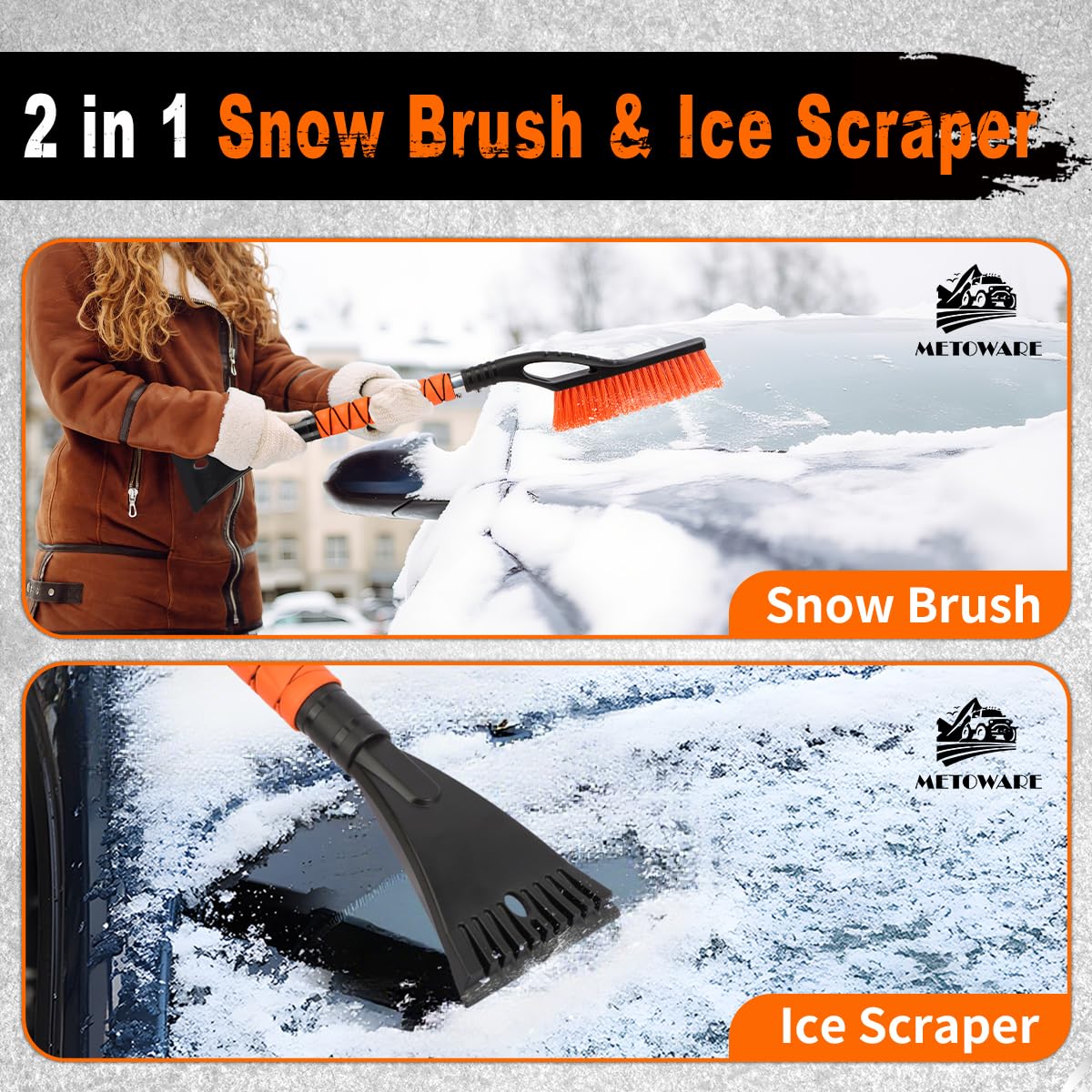 METOWARE Spazzola da neve e raschietti per ghiaccio da 68,6 cm, per parabrezza e finestre, staccabili con impugnatura ergonomica in schiuma, accessori invernali