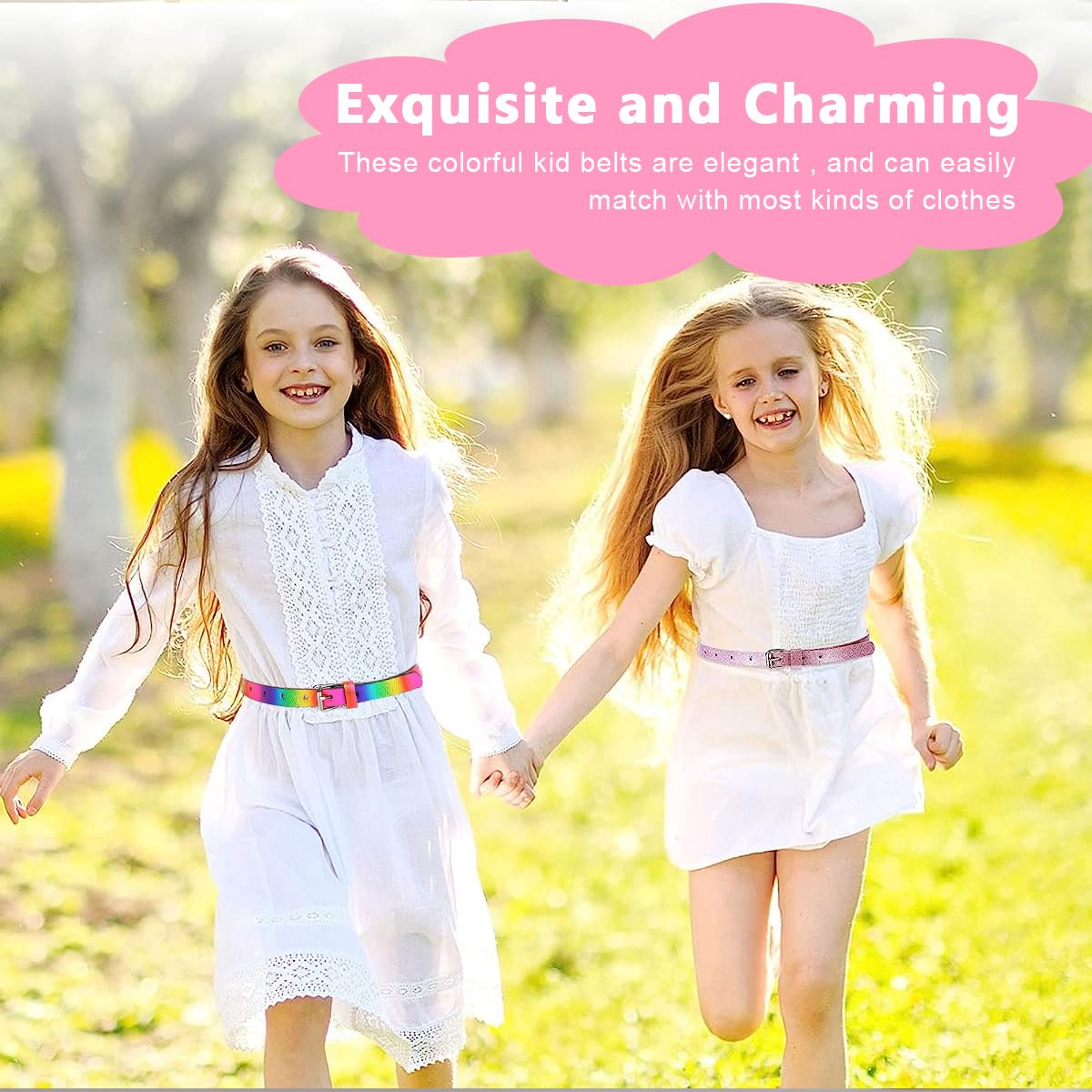 PALAY® 2 Pack Belt for Kids, Glittering PU Leather Girls Belt, Rainbow Waist Belt for Jeans Pants Dress, 35.4in Metal Buckle Belt for Kids Girl 6-12 Years Old (Pink & Rainbow) 3