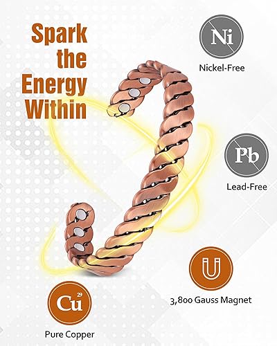 Miniatura 2 de Jecanori Pulseras magnéticas de cobre para hombres y mujeres, pulsera de cobre puro eficaz, brazaletes ajustables