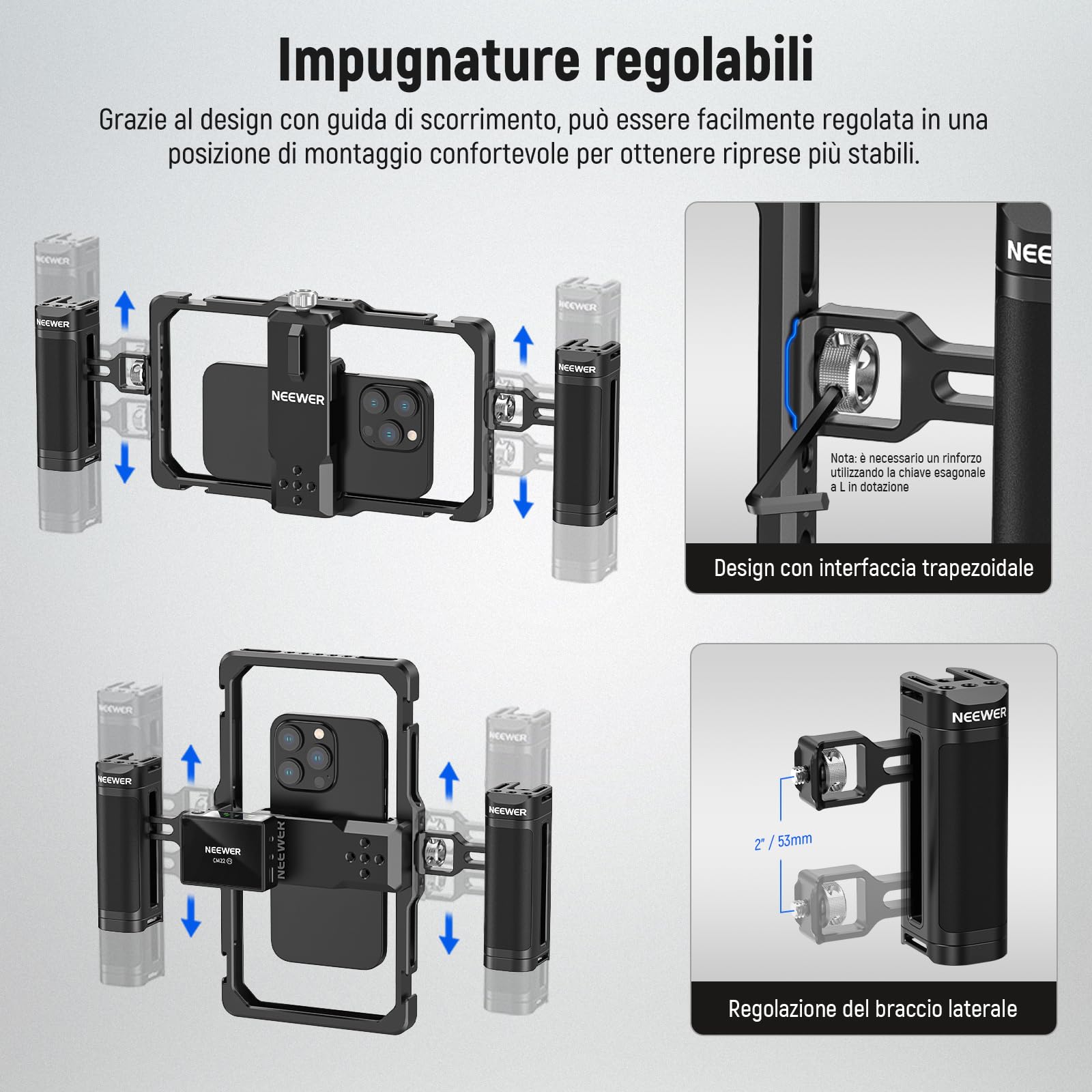 NEEWER Kit Phone Rig per Vlog Aggiornato, Stabilizzatore Video Cage con 2 Maniglie Slot per Mic Wireless Panno Pulizia per Video TikTok YouTube, Compatibile con iPhone Samsung Android SmallRig, PA009