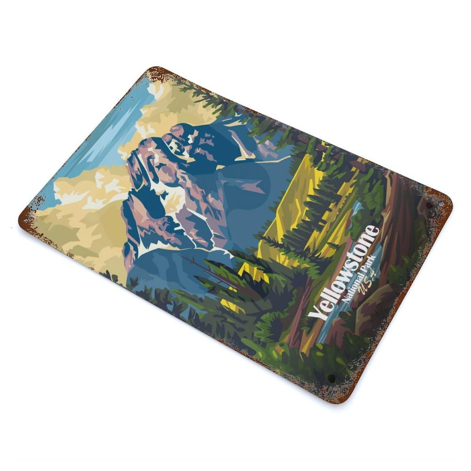 Yellowstone National Park Illustration Rust Effect Tin Sign 11.8"x7.9", Ideal for Shed, Workshop And Garage Wall Decor