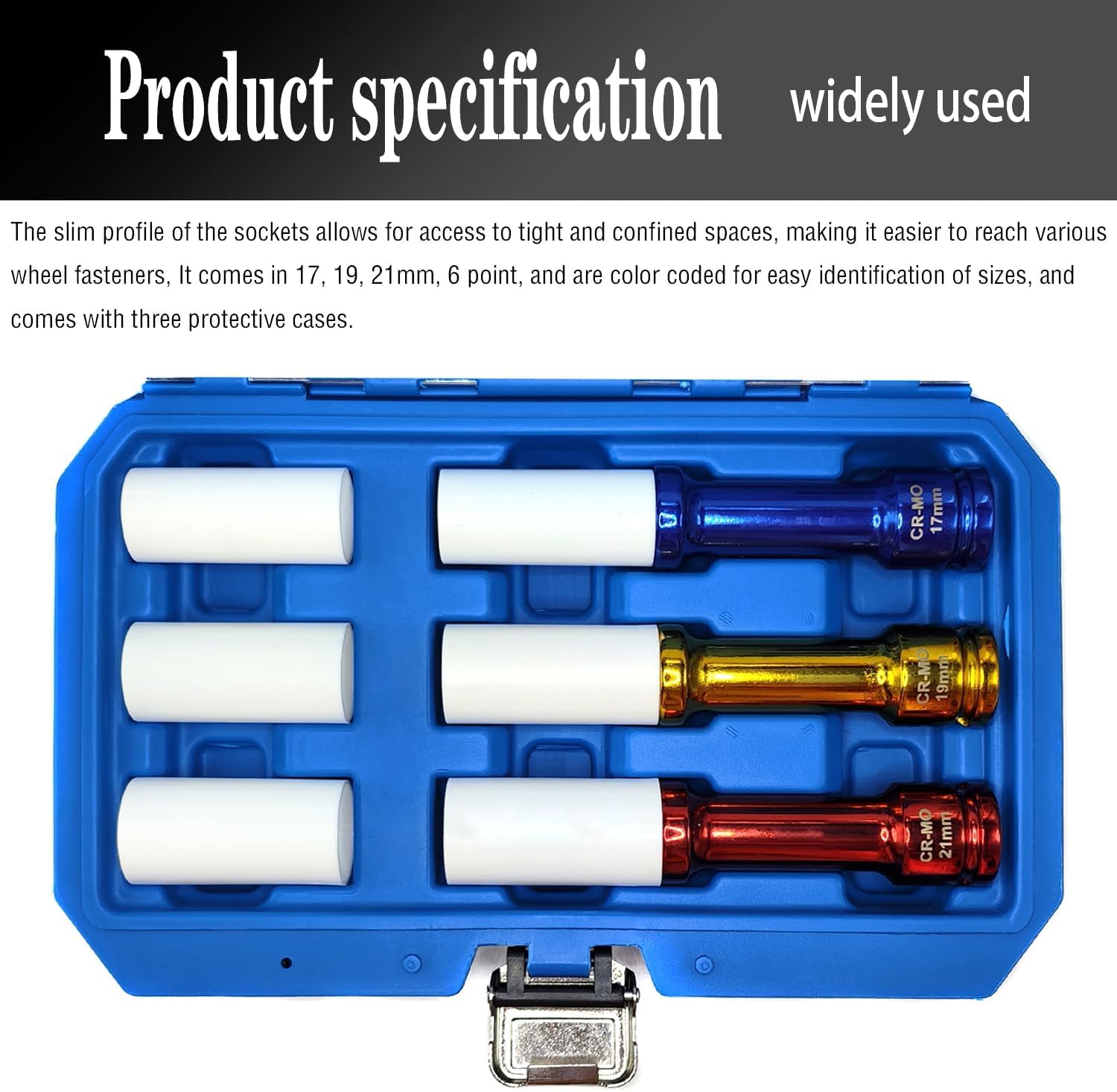 3Pcs Lug Nut Socket Set 1/2" Drive Impact Tools, Power Impact Lug Nut Socket, Non-marring & Extra-Long Thin Wall Wheel Protector Impact Deep Socket, Inch Sizes 17mm, 19mm, 21mm