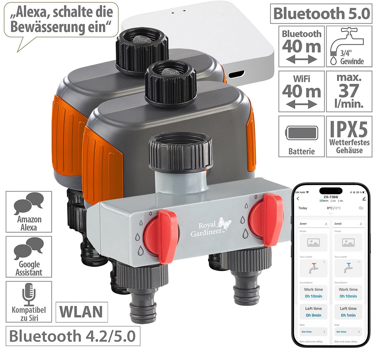 Royal Gardineer Dual Bewässerung: 2er-Set WLAN-Bewässerungscomputer mit Dual-Ventil, 2-Fach-Verteiler (WLAN-Bewässerungscomputer mit App, Doppel-Ventil, Handy)