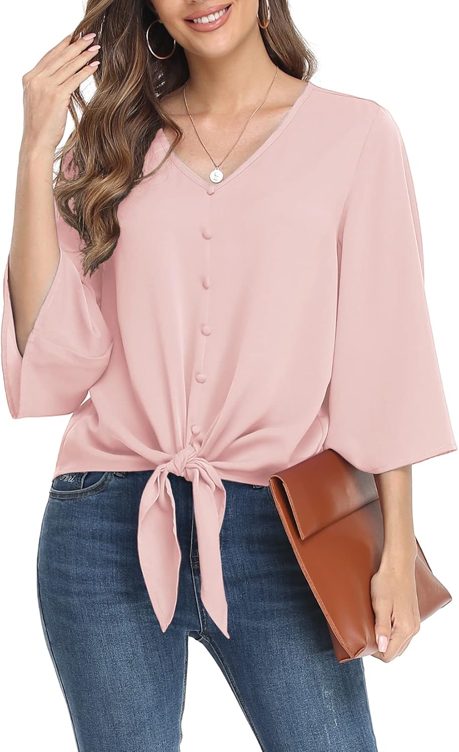 VIISHOW Women's Button V Neck Chiffon Tops 3/4 Bell Sleeve Tie Knot Casual Blouses Loose Summer Shirts