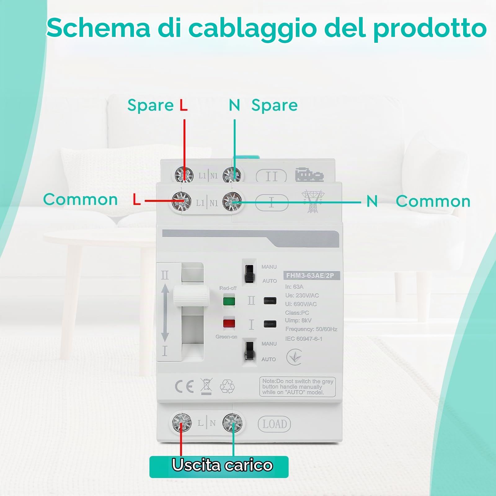 CPROSP Interruttore di Trasferimento Automatico 2 Poli DIN 220V 63A, Commutatore di Rete Automatico Fotovoltaico, Scaricatore di Sovratensione, ATS Fotovoltaico, per Impianti Domestici e Industriali