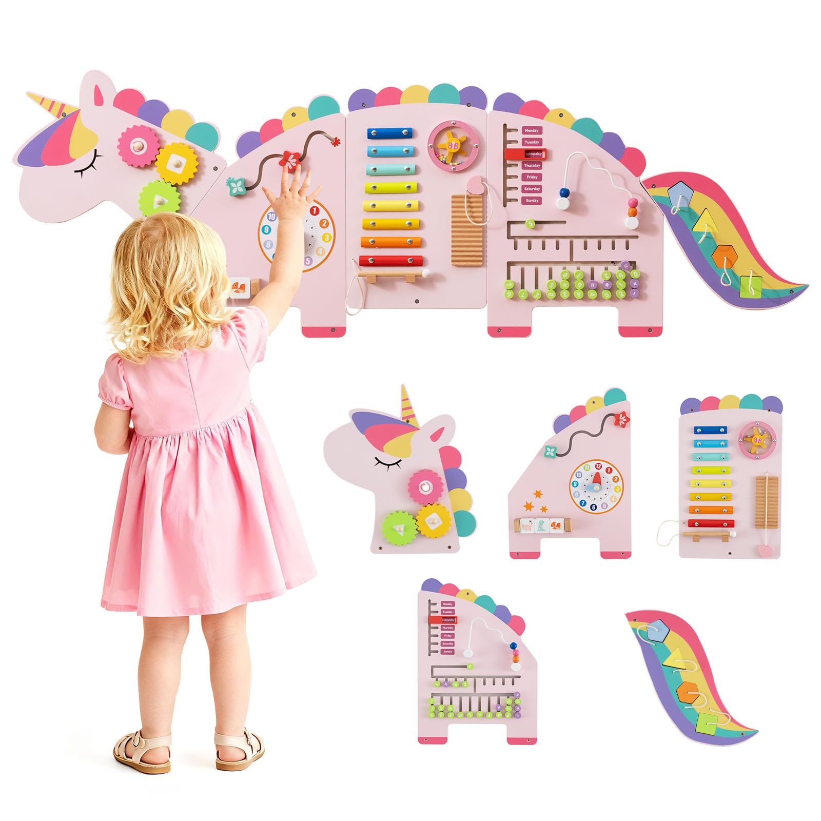 Maxmass 11 in 1 Sensory Wall Toy, Wooden Montessori Busy Board Panels, Toddler Wall Mounted Activity Center Learning Education & Early Development for Playroom Nursery Kindergarten (Pink Unicorn)