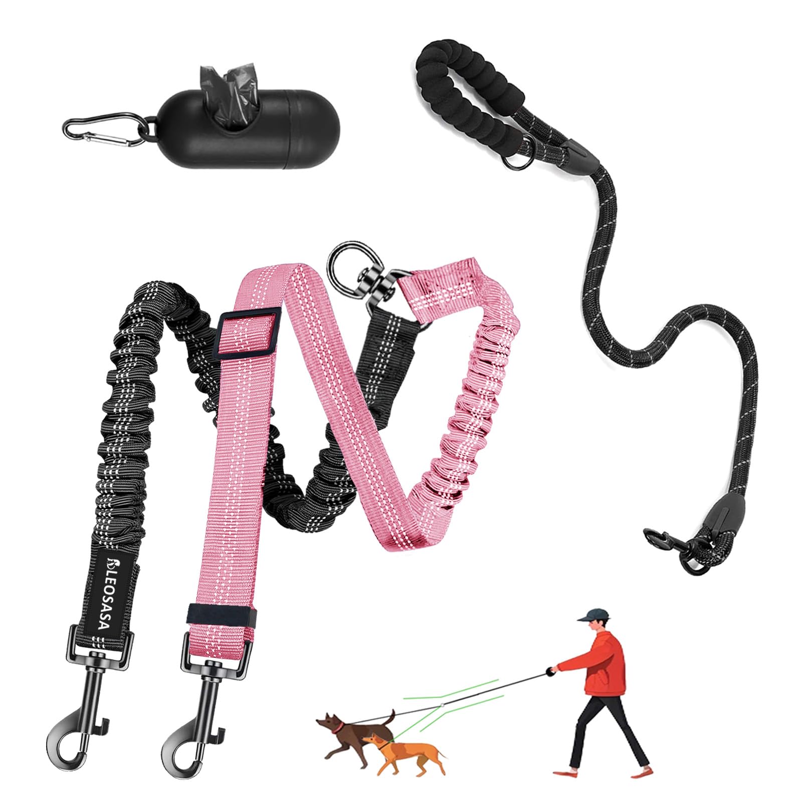 Correa doble para perro – Accesorio divisor giratorio de 360° sin enredos, 1 cuerda con asa, correa multifuncional para 2 perros, para caminar al aire libre, tren pequeño, mediano, grande, dos