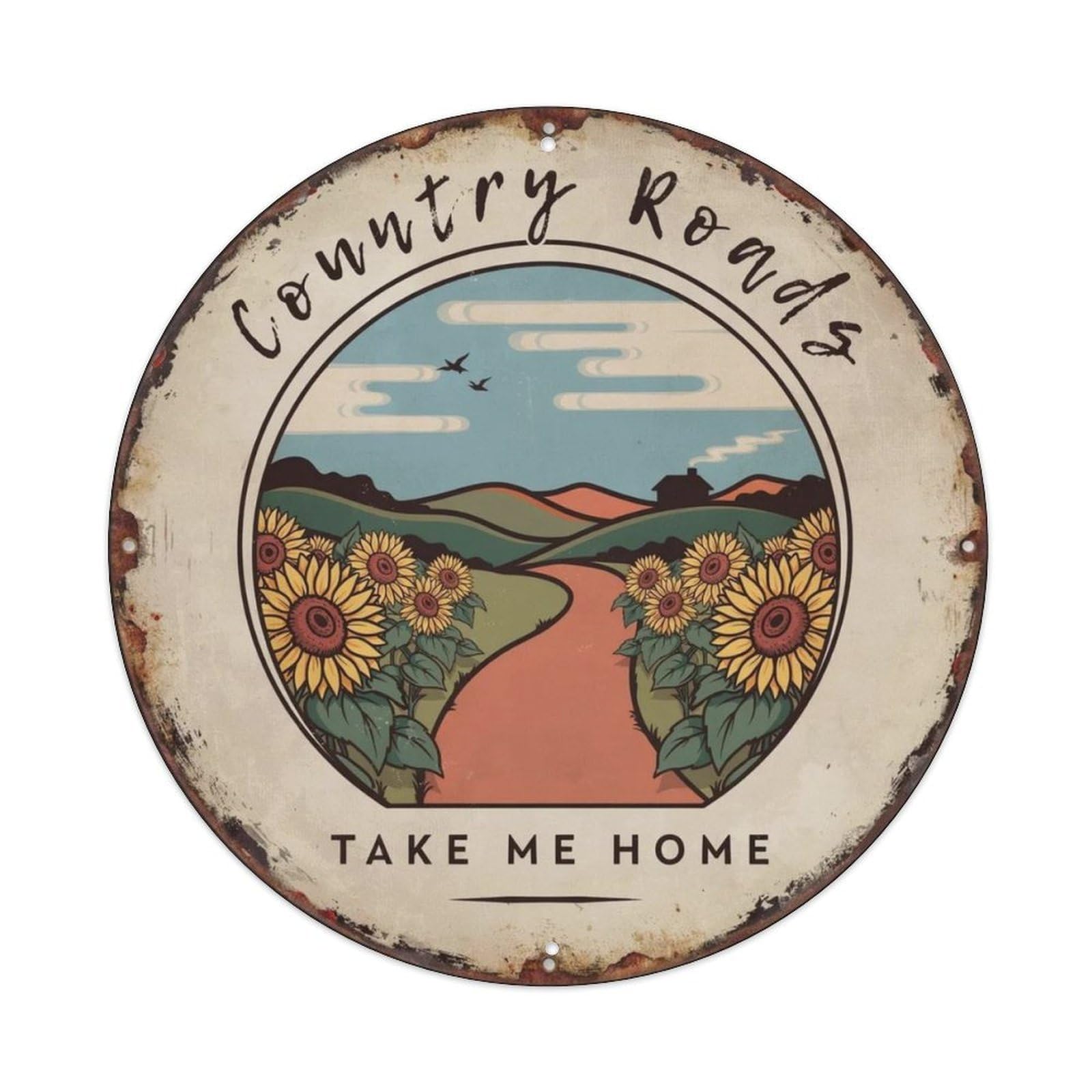 Country Roads Country Hand Drawn Metal Tin Sign Plaque