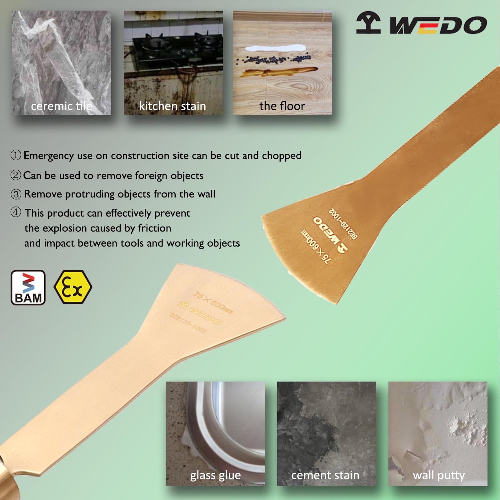 WEDO Raschietto ad arco non scintillante,Lama raschiatore pavimento 75x75mm,Lunghezza 600mm,Coltello per stucco in rame al berillio,Spatola raschietto non magnetico,Certificato BAM/FM, Ampiamente