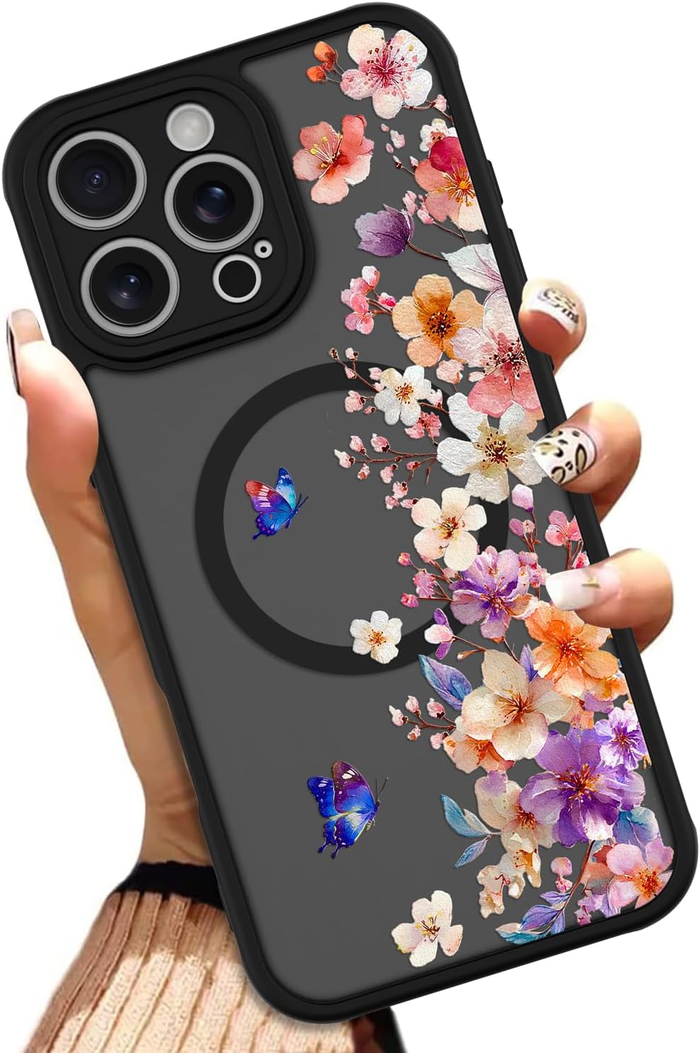 OOK Case for iPhone 16 Pro Max 6.9 Inch (Compatible with MagSafe) Butterfly Floral Flowers Design Translucent Phone Cover Soft TPU + Hard PC Anti-Scratch Shockproof Magnetic Cute Case for Women