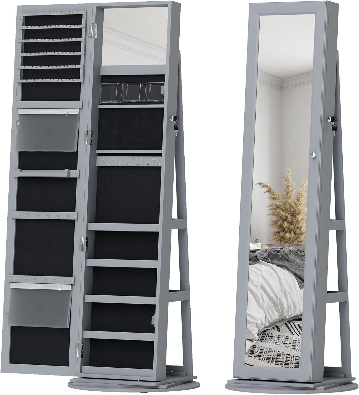 HOMCOM 360° Swivel Jewelry Cabinet, Lockable Jewelry Armoire Organizer with Full-Length Mirror, Back Storage Shelves, Interior Small Mirror, for Bedroom Living Room, Gray