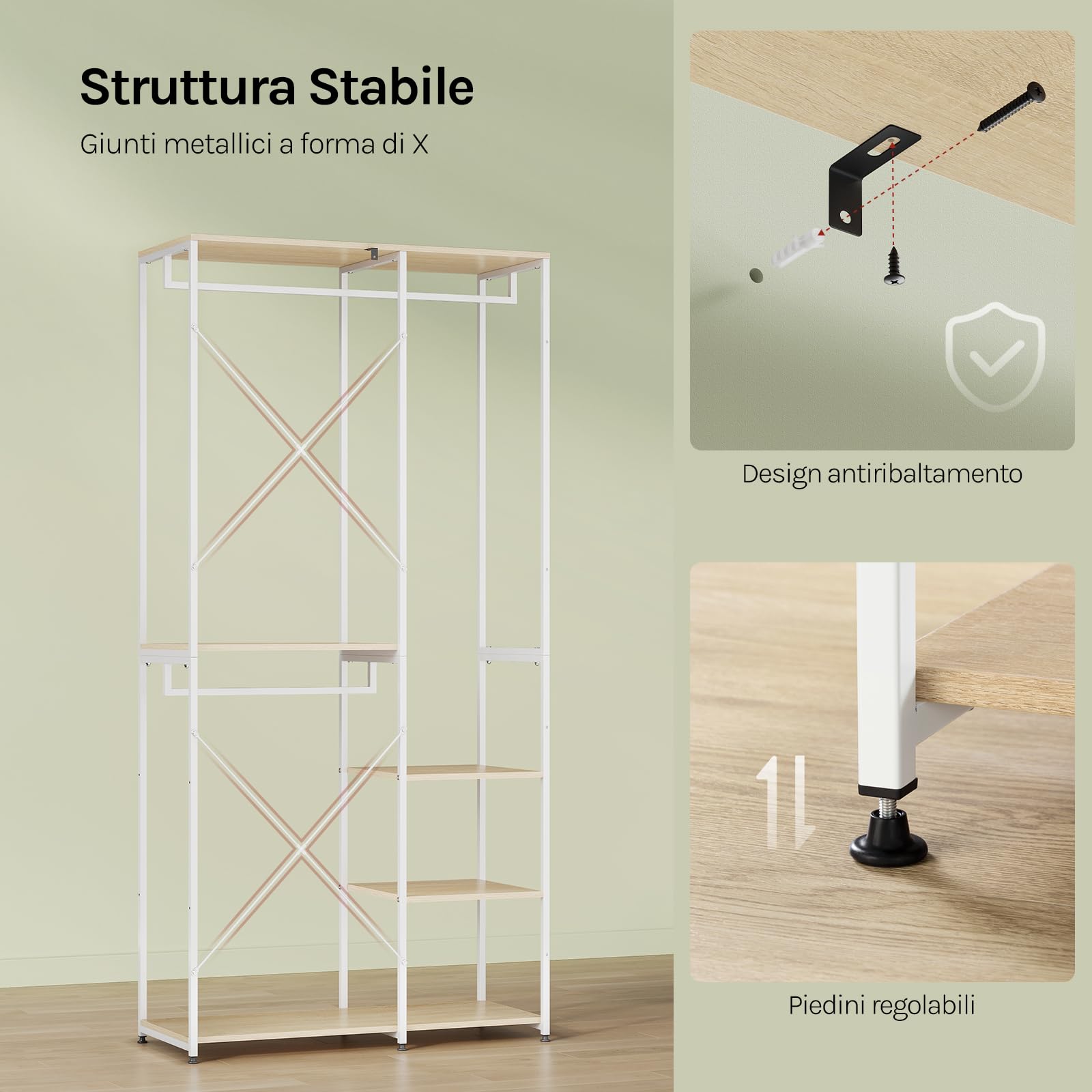 WOLTU Porta Abiti in MDF e Acciaio, Appendiabiti con Scaffali, Attaccapanni Moderno, Guardaroba Armadio Bianco 90x40x204,5 cm