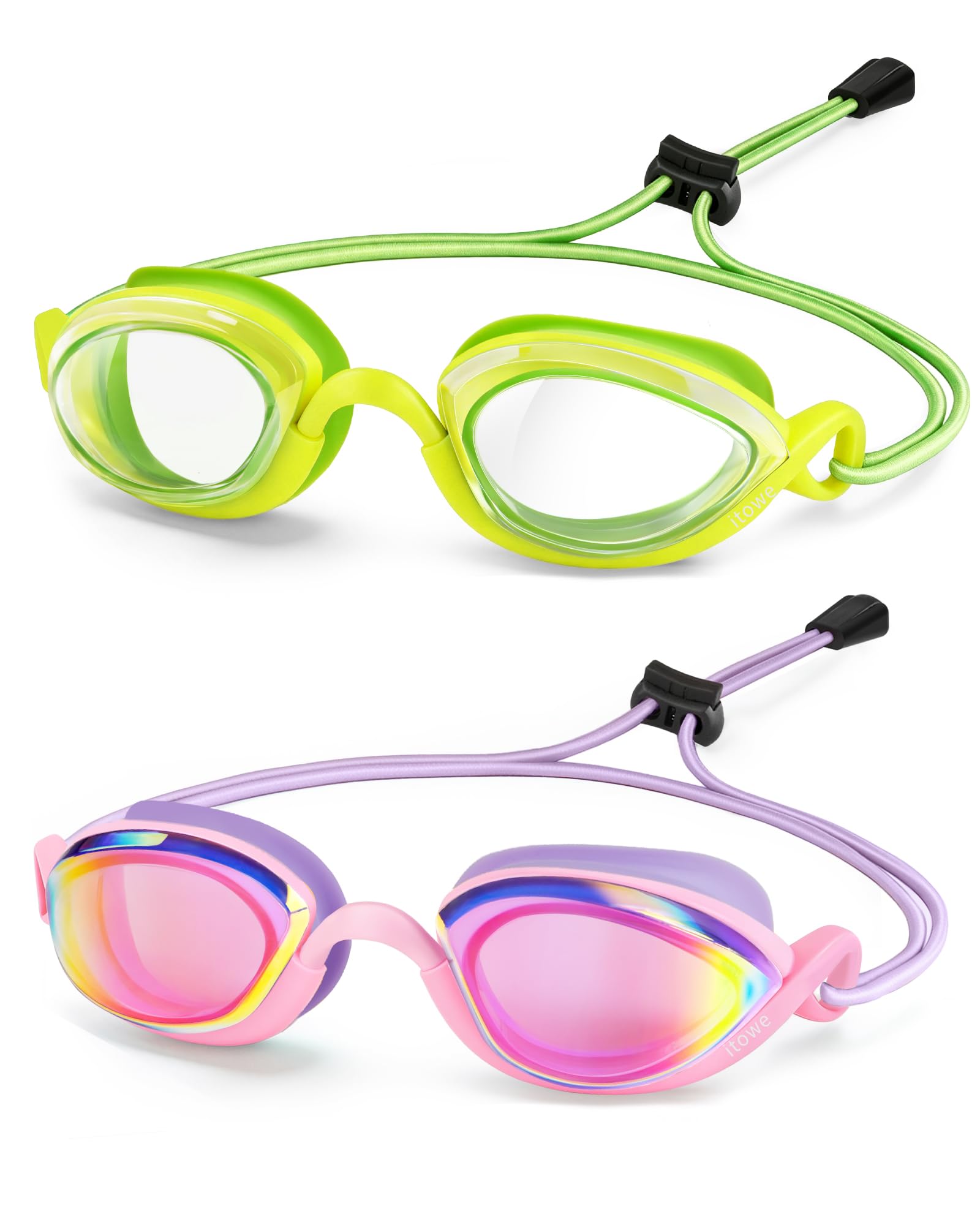 Confezione da 2 occhialini da nuoto da corsa con cinturino elastico, nessuna perdita, occhialini da nuoto per bambini dai 6 ai 14 anni, anti-appannamento, visione HD