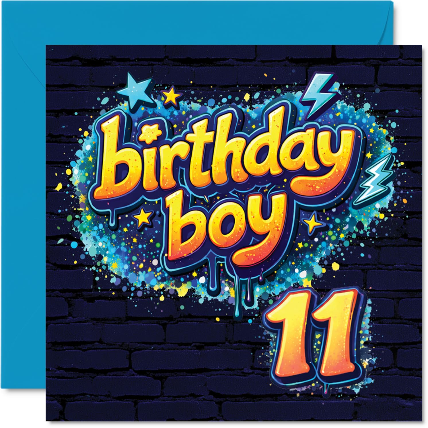 Playful 11th Birthday Card - Big Birthday Energy - Bold 'Birthday Boy 11' Text with Vibrant Blue, Yellow and Orange Splashes - 145mm Square, Envelope Included