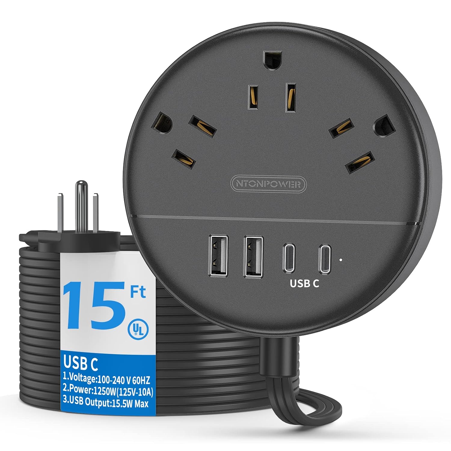 NTONPOWER USB Extension Cord 15 Ft Power Strip Flat Plug