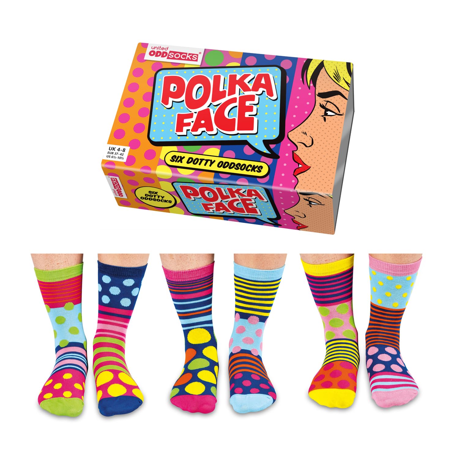 Polka Face Gift Box, 6 Dotty Oddsocks for Women – UK 4–8, EUR 37–42, US 6.5–10.5 – Colourful Novelty Mix-and-Match Socks with Dots & Stripes, Funny Gift for Birthdays & Holidays