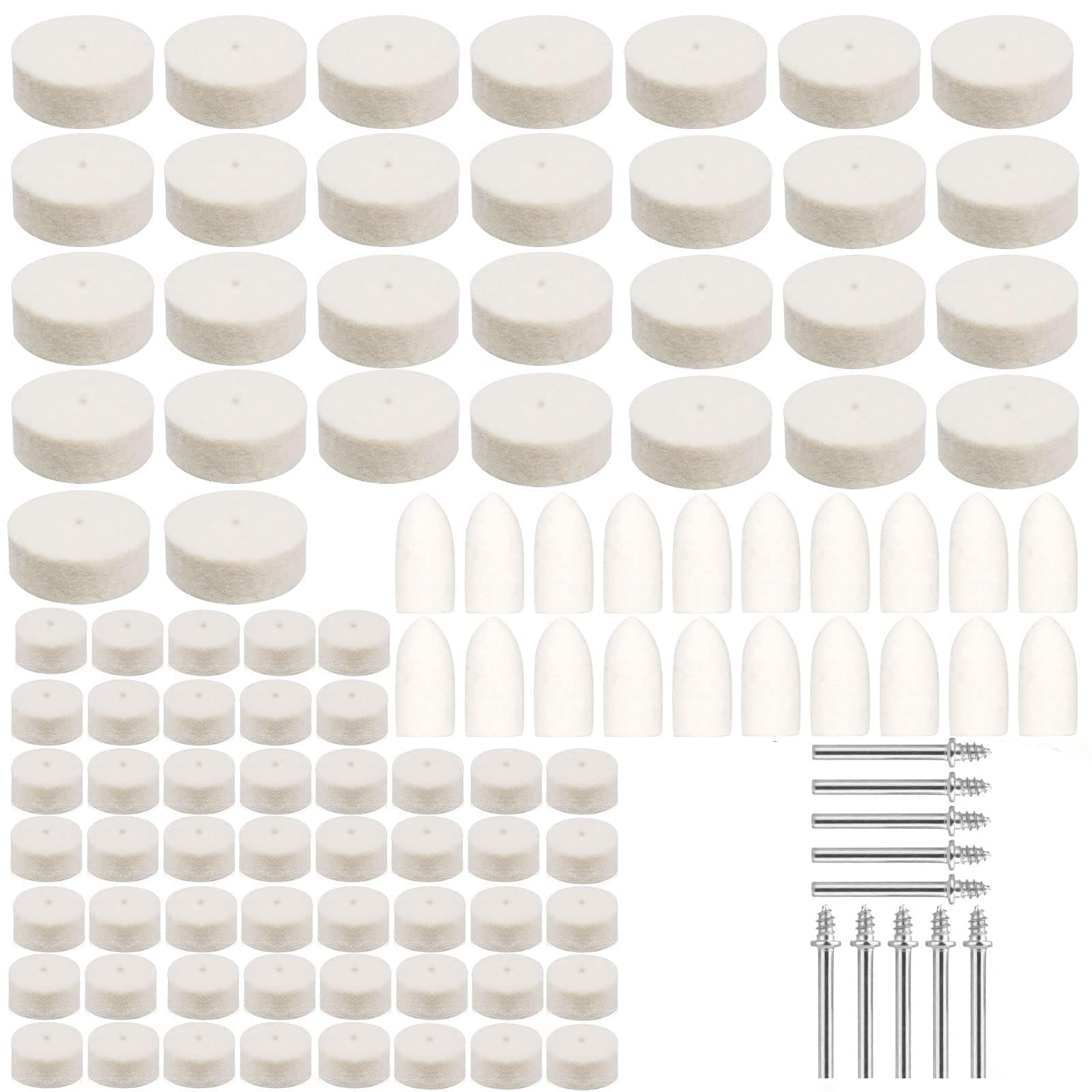 110PCS Wool Felt Polishing Pads, Buffing Grinding Wheel Rotary Tool Set with 1/8 Inch Shank & Replacement Polishing Wheels, Point & Mandrel Kit for Drill Plastic Glass Metal Jewelry 9/12/ 25mm