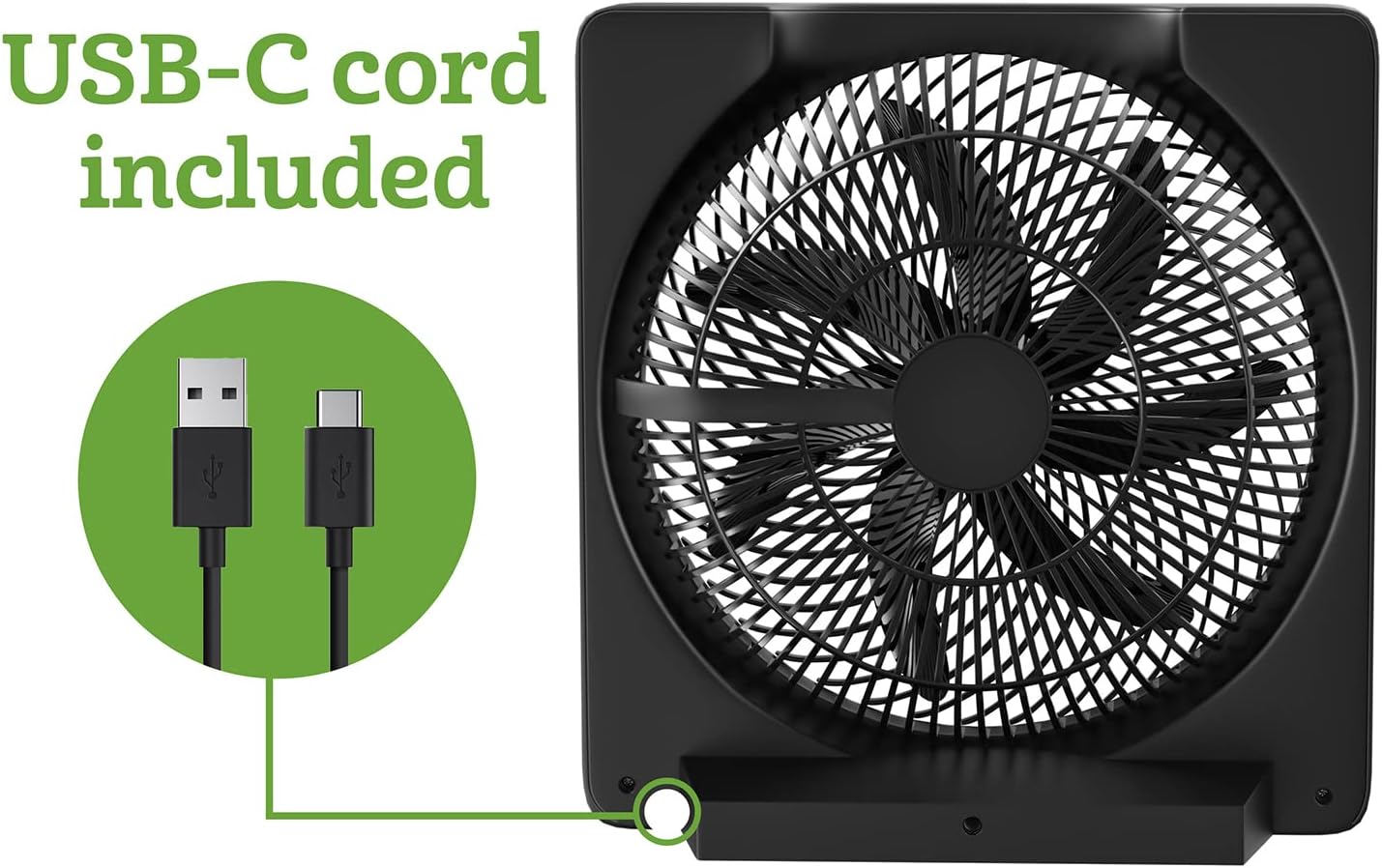 HOLMES 10" Personal Fan, Rechargeable Battery, 3 Speed Settings, Lightweight and Portable, USB Cable, Carrying Handle, Home and Office, Black Finish