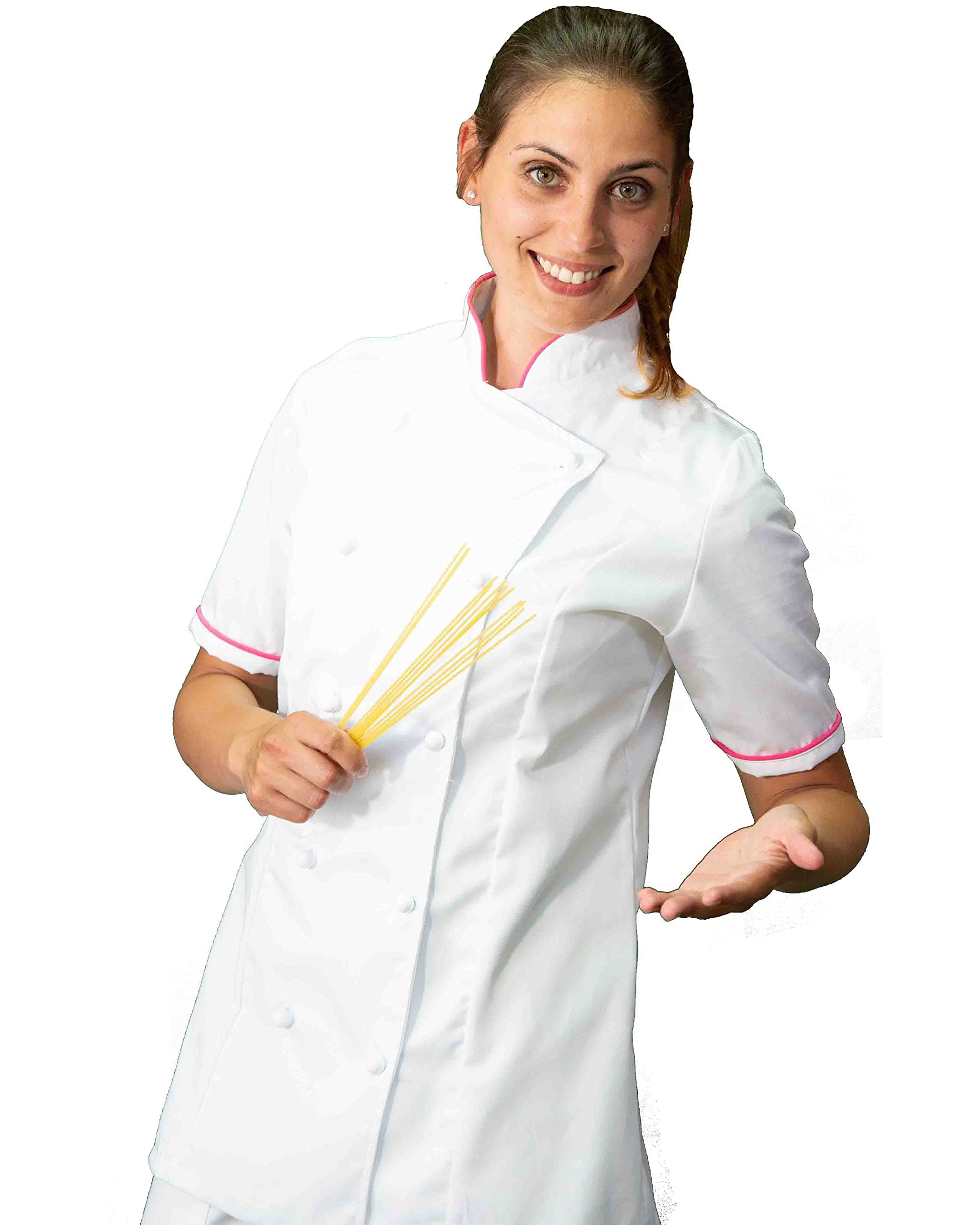 Bordado gratis - Conjunto de cocinero para mujer, blanco y fucsia, uniforme para cocina, restaurante, fabricado en Italia, Blanco Y Fucsia M/C, XS