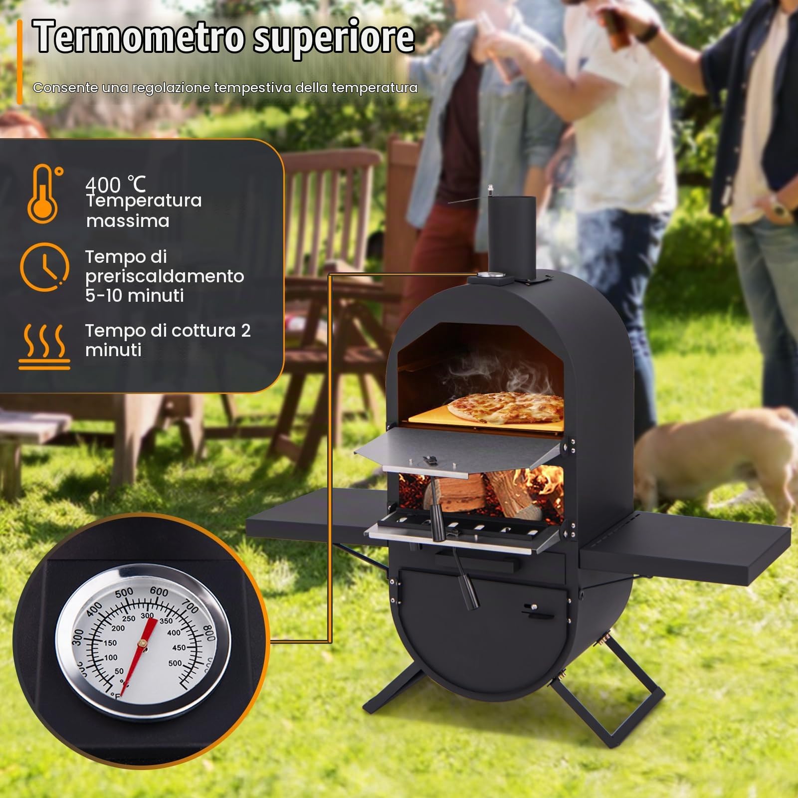KOMFOTTEU Forno per pizza da esterno a 2 strati, forno a legna portatile con borsa per il trasporto, pietra per pizza, pala per pizza, grill, termometro, forno per pizza per barbecue, campeggio