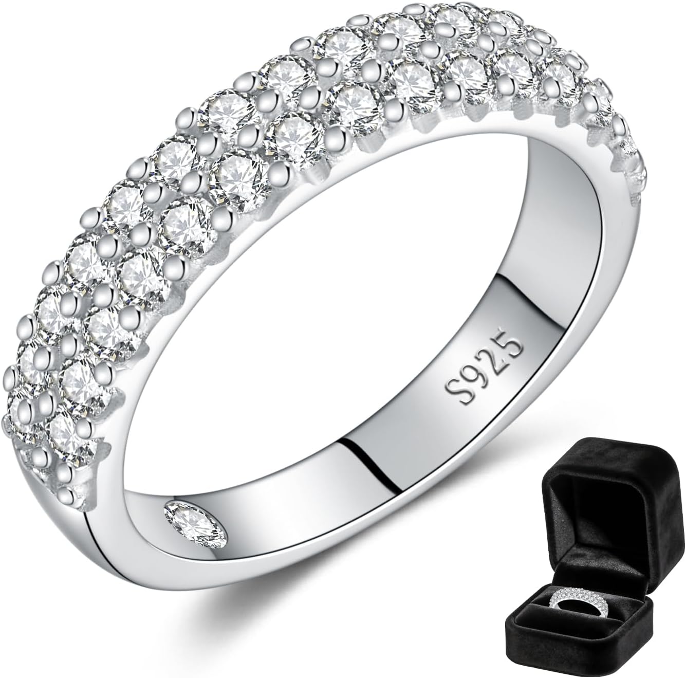 Wedding Engagement Gift for Wife, Double Row Moissanite Wedding Band for Women D Color VVS1 Eternity Ring, White Gold Plated S925 Sterling Silver Comfort Fit Bridal Band Hypoallergenic