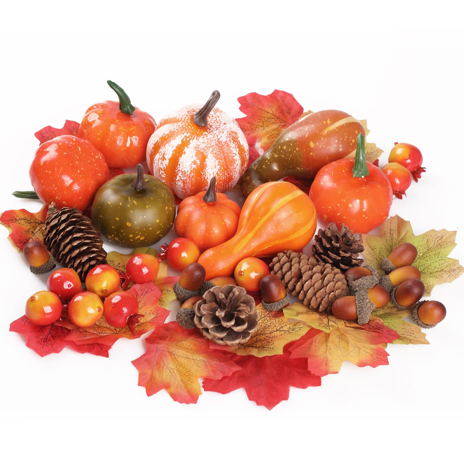 WD&CD 96Pcs Autumn Decorations Pumpkins set Halloween Decorations Artificial Mini Pumpkins Fake Maple Leaves Pumpkins Acorns Gourds Pomegranate for Fall Home Party Decor