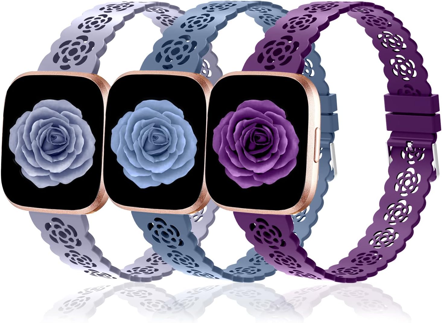 3 Pack 22mm Lace Hollowed-Out Silicone Replacement Wristbands Compatible for Fitbit Versa/Fitbit Versa 2/Fitbit Versa Lite,Slim Bands Soft Smartwatch Sport Strap for Women image 2
