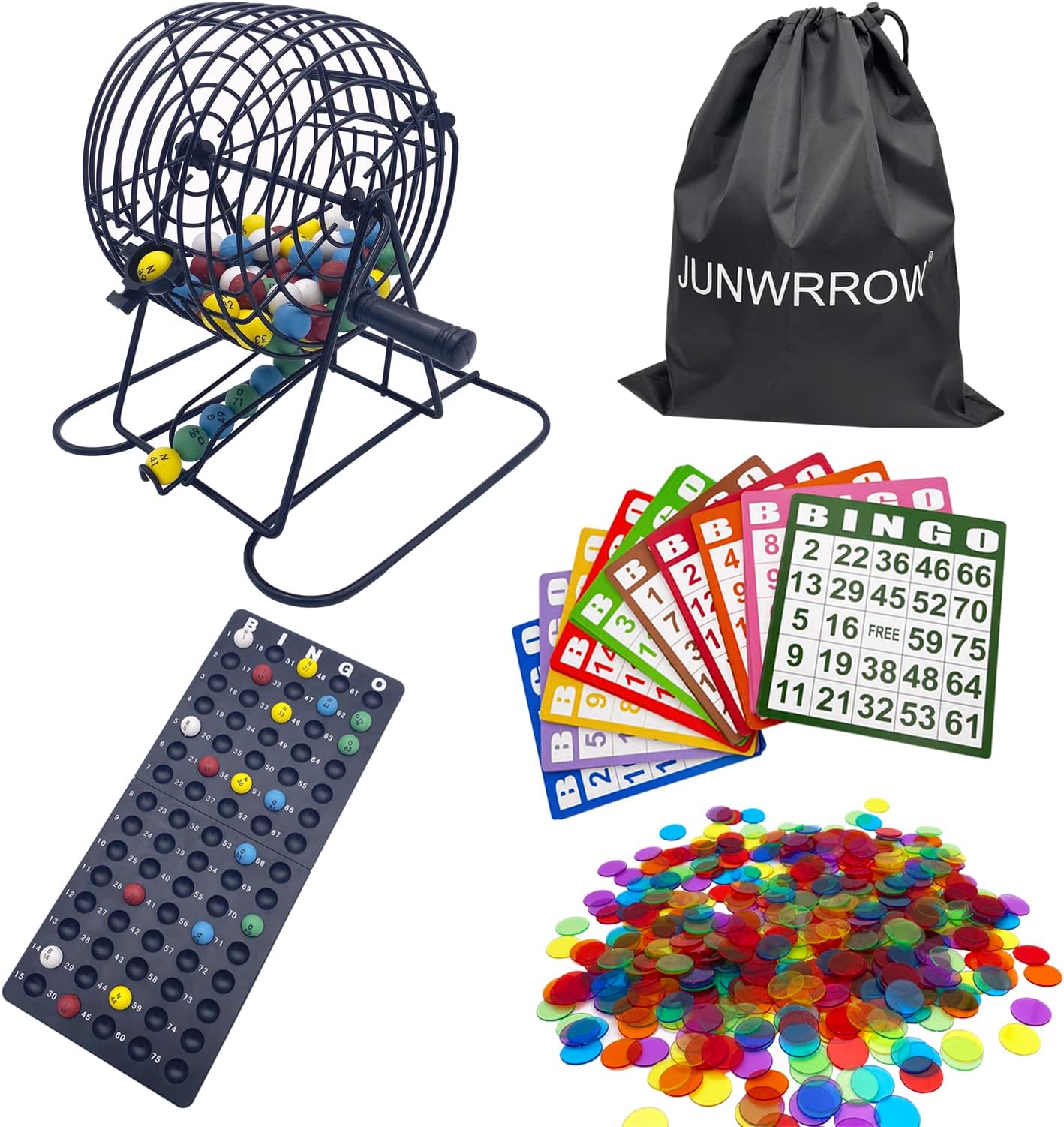 JUNWRROW Deluxe Bingo Game Set- Includes 1000 Colorful Chips,100 Mixed Cards,75 Calling Balls, 6 Inch Rotary Cage& Bingo Master Board,2 Velvet Bag,Bingo Storage Bag -Ideal for Large Groups