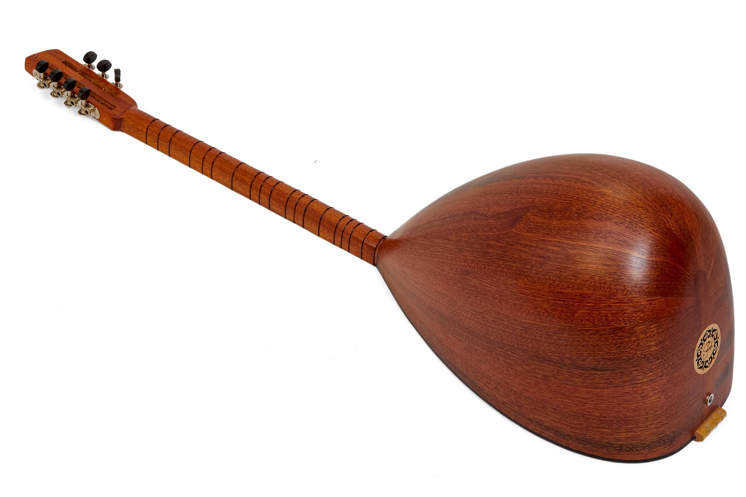 Saz Baglama Mahagoni mit kurzem Hals, leicht zu stimmende Gitarren-Pegs, integrierter Tonabnehmer, weicher Koffer in warmem Ton, Pyramidensaiten + Plektren