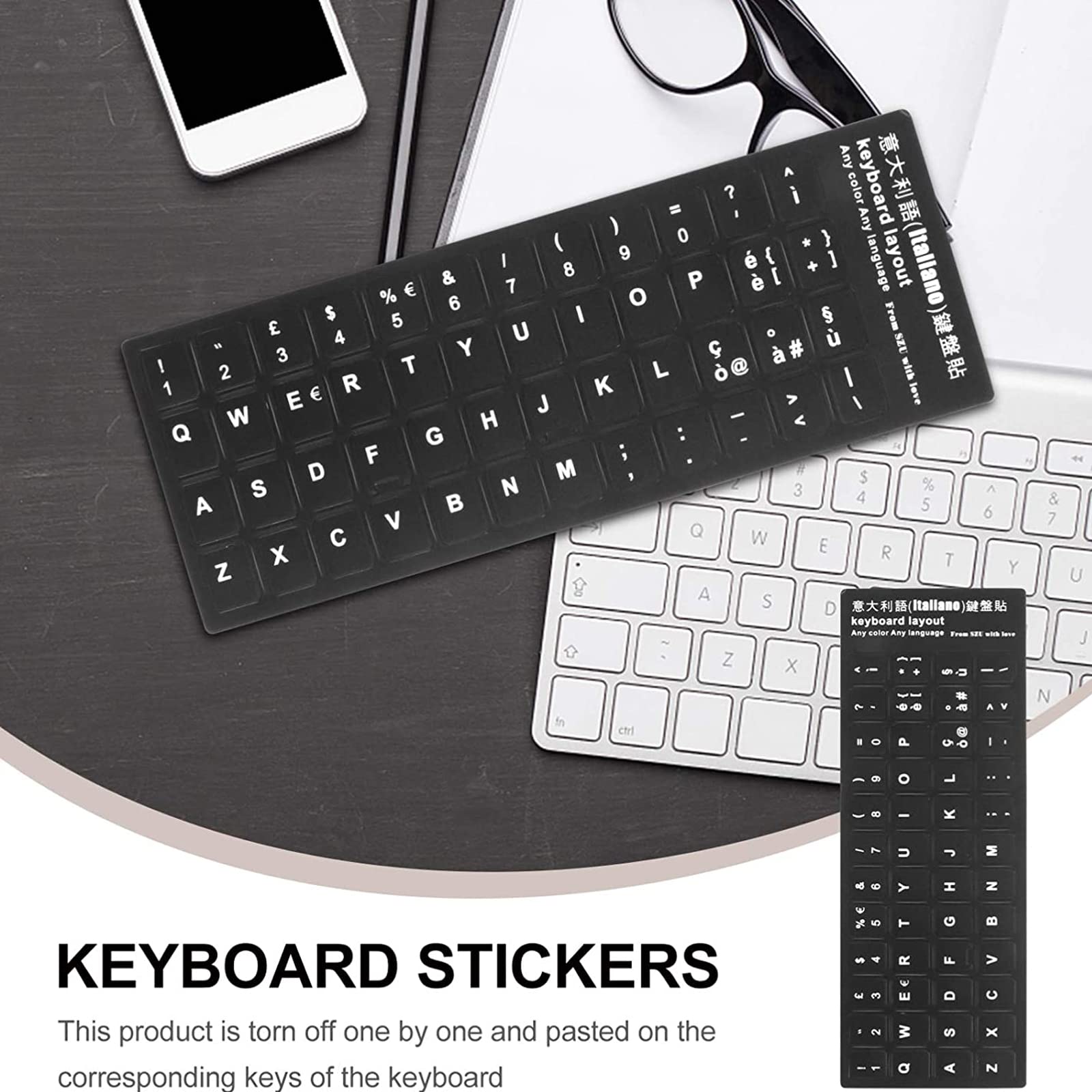 Kit Adesivi Tastiera per Conversione Layout Italiano, 6 Pezzi, Adesivi per Tastiera Computer Portatile (Nero)
