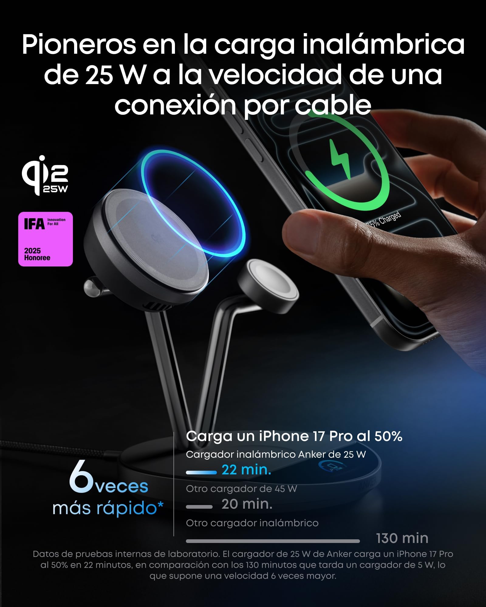 Anker Prime Cargador Inalámbrico iPhone 3 en 1 Qi2 25W Pantalla Inteligente | MagSafe compatible, enfriamiento activo TEC, pantalla inteligente. Para iPhone 17-12, Apple Watch, AirPods y más.