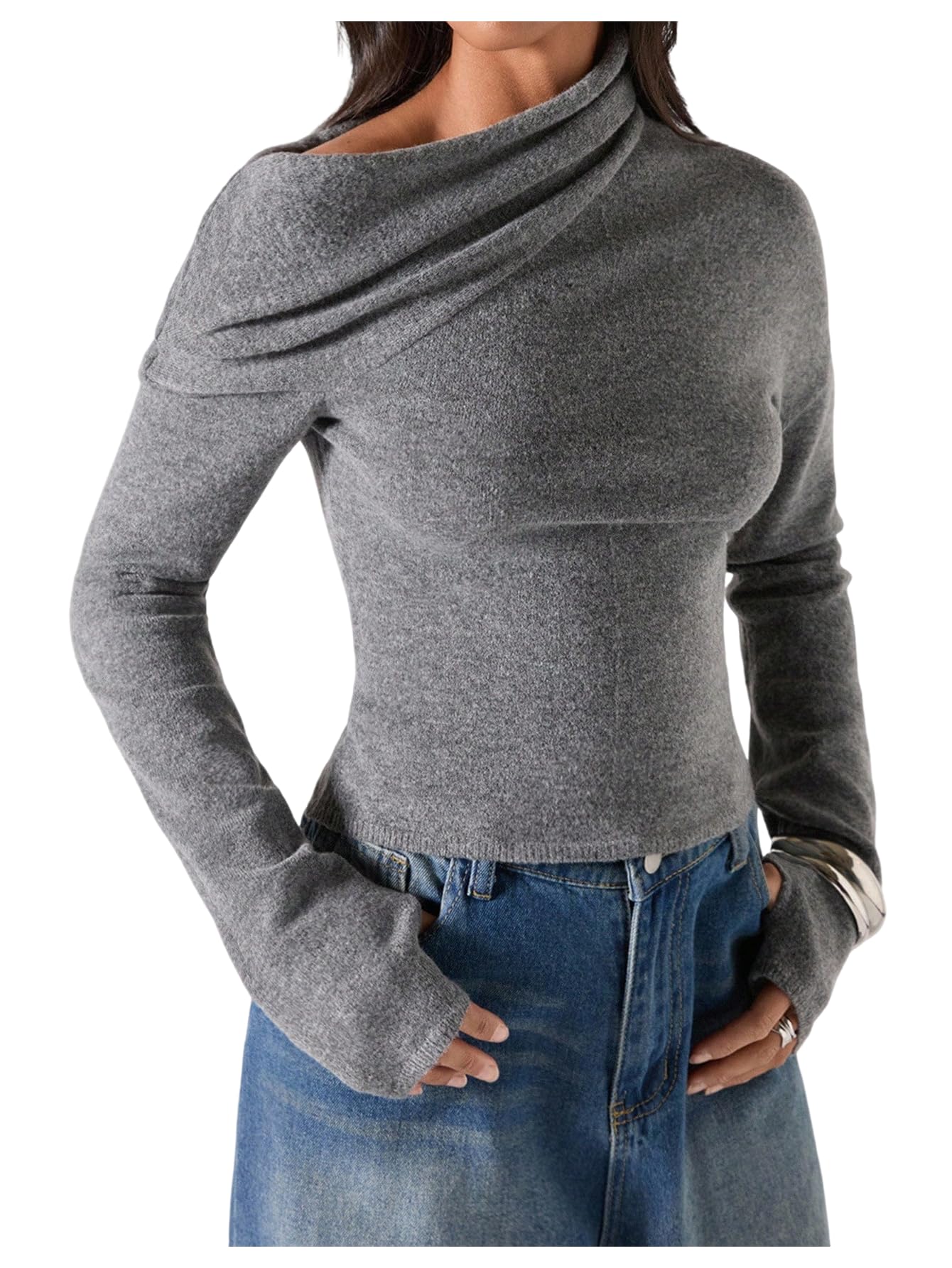 Floerns Womens Asymmetrical Neck Knitted Fall Sweater Long Sleeve Ruched Pullover Tops