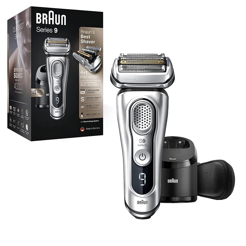 Barbeador elétrico Braun Series 9 9390cc à prova d'água, seco e molhado, com aparador retrátil, estação SmartCare, estojo de viagem e acessórios